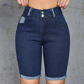 QBLB Women's High-Waisted Stretch Denim Shorts - V-Shaped Torn Hem   OAXG 