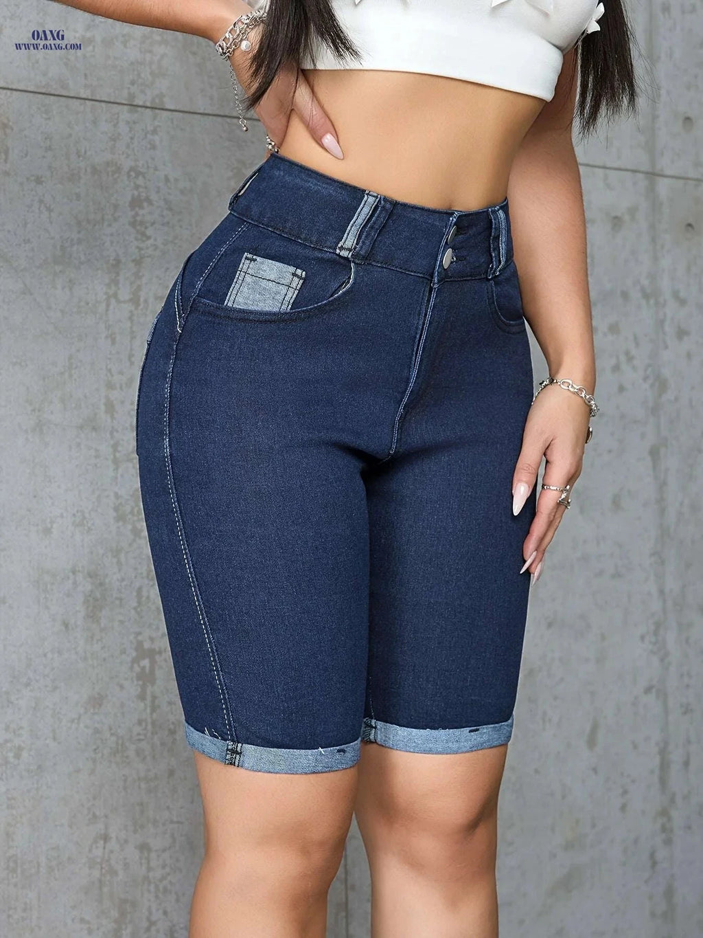 QBLB Women's High-Waisted Stretch Denim Shorts - V-Shaped Torn Hem   OAXG 