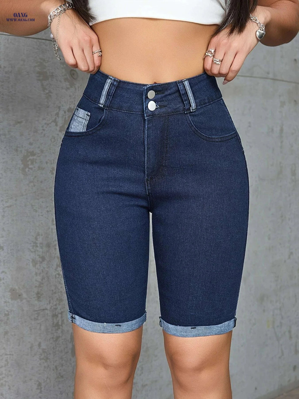 QBLB Women's High-Waisted Stretch Denim Shorts - V-Shaped Torn Hem   OAXG 