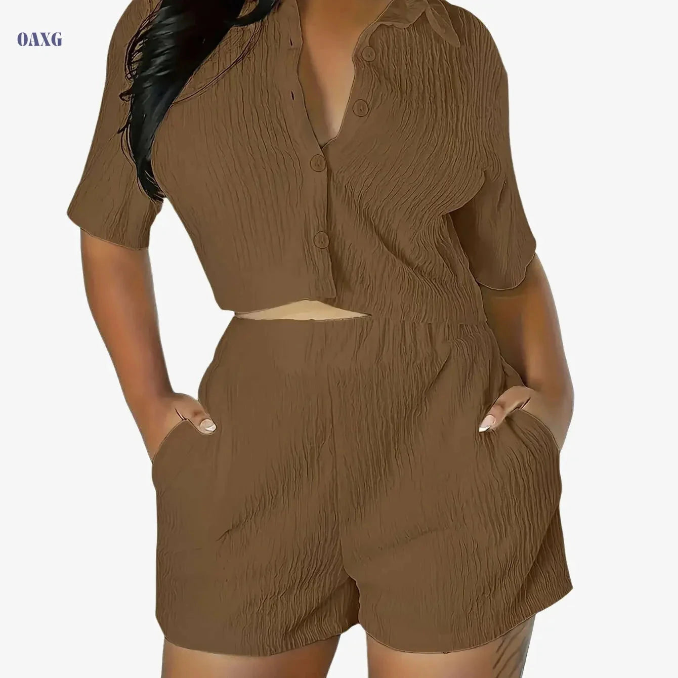 Qianqianye Casual 2pcs Set - Top and Shorts, Solid Color Design   OAXG 