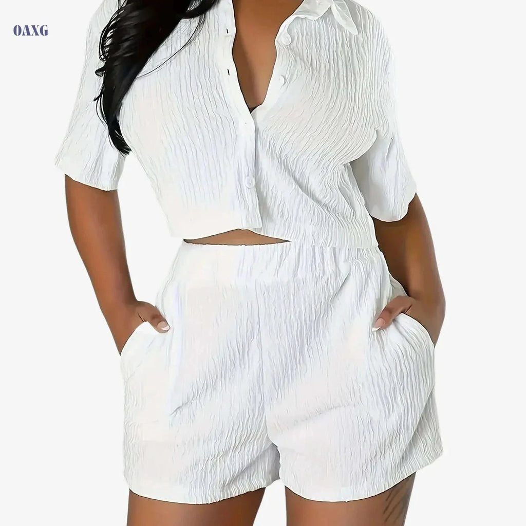 Qianqianye Casual 2pcs Set - Top and Shorts, Solid Color Design   OAXG 