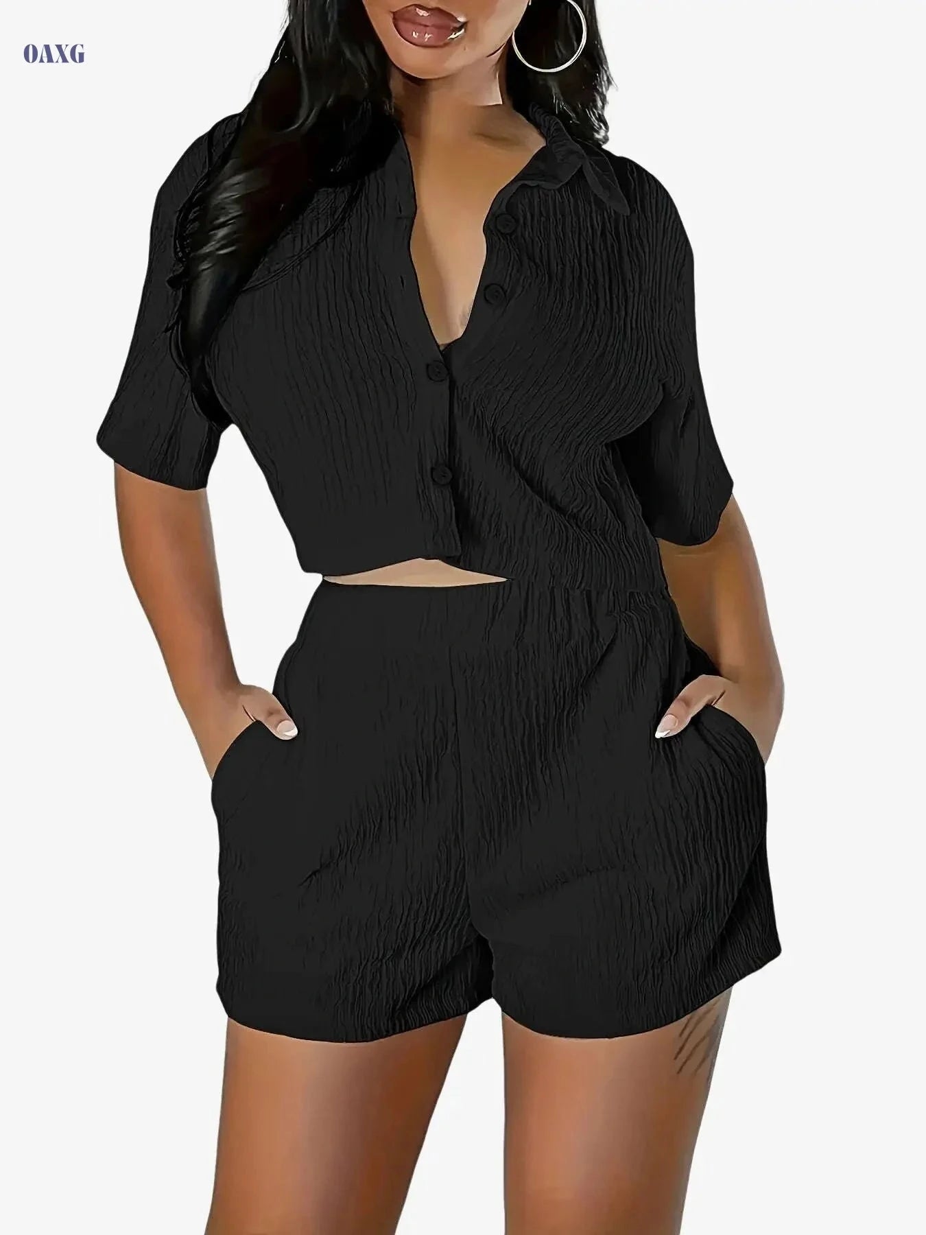 Qianqianye Casual 2pcs Set - Top and Shorts, Solid Color Design   OAXG 