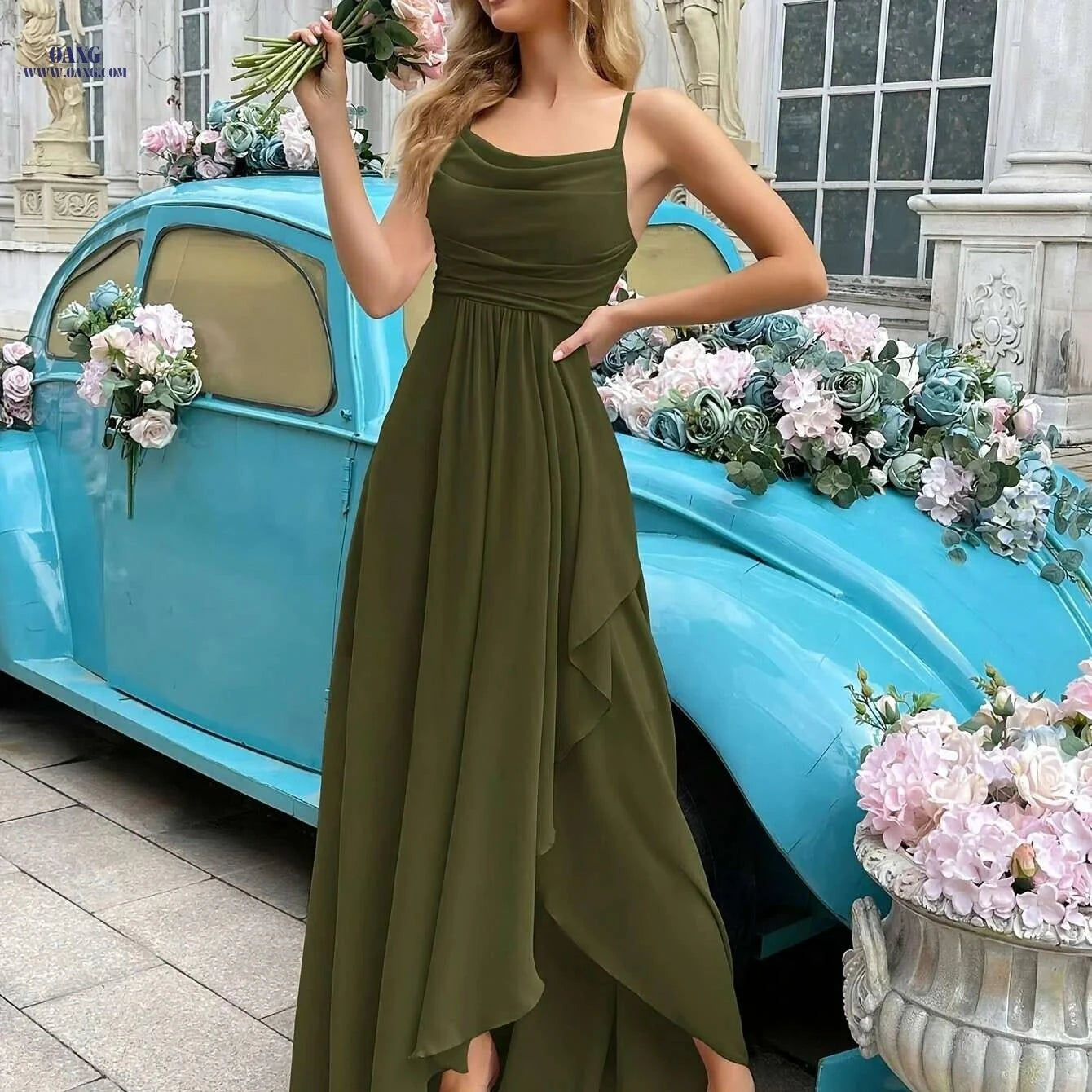 QOQ Olive Green Bridesmaid Dress - Backless, Ruffled, Adjustable Fit   OAXG 