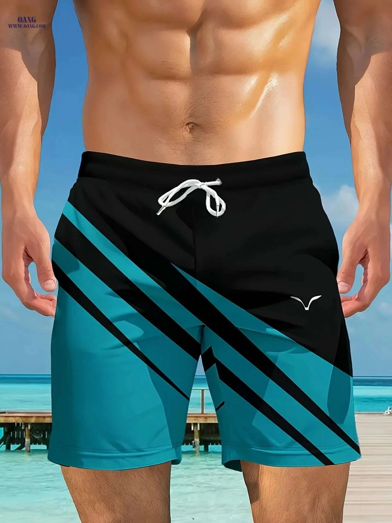 Quick-Dry Men's Beach Shorts - Casual Black & Blue Stripes   OAXG 