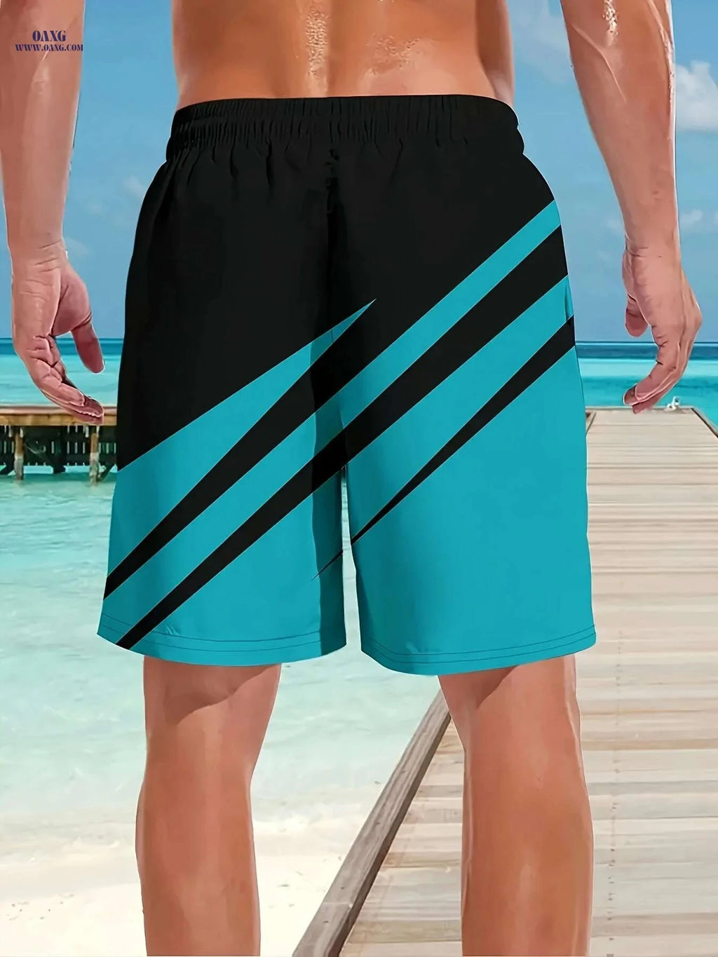 Quick-Dry Men's Beach Shorts - Casual Black & Blue Stripes   OAXG Mixed Color / S