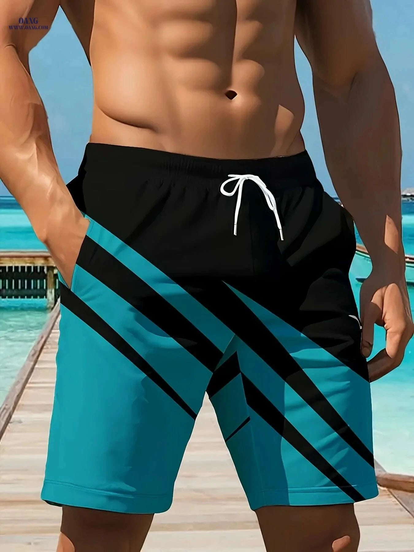 Quick-Dry Men's Beach Shorts - Casual Black & Blue Stripes   OAXG Mixed Color / S