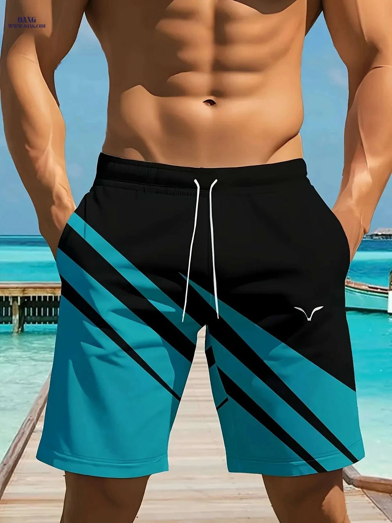 Quick-Dry Men's Beach Shorts - Casual Black & Blue Stripes   OAXG 