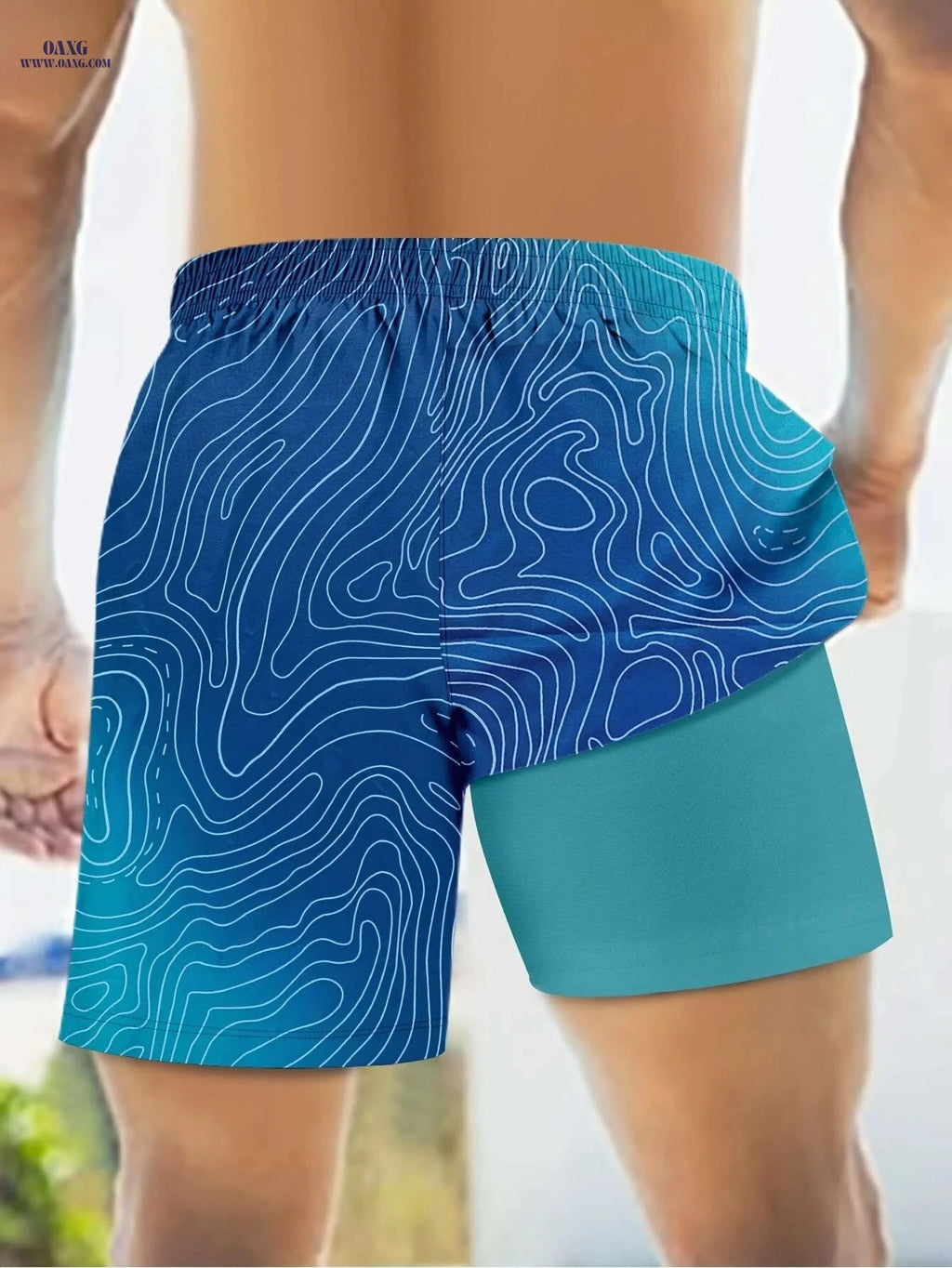 Quick-Dry Men's Swim Trunks - Blue Geometric Print, Casual Style   OAXG Peacock Blue / S