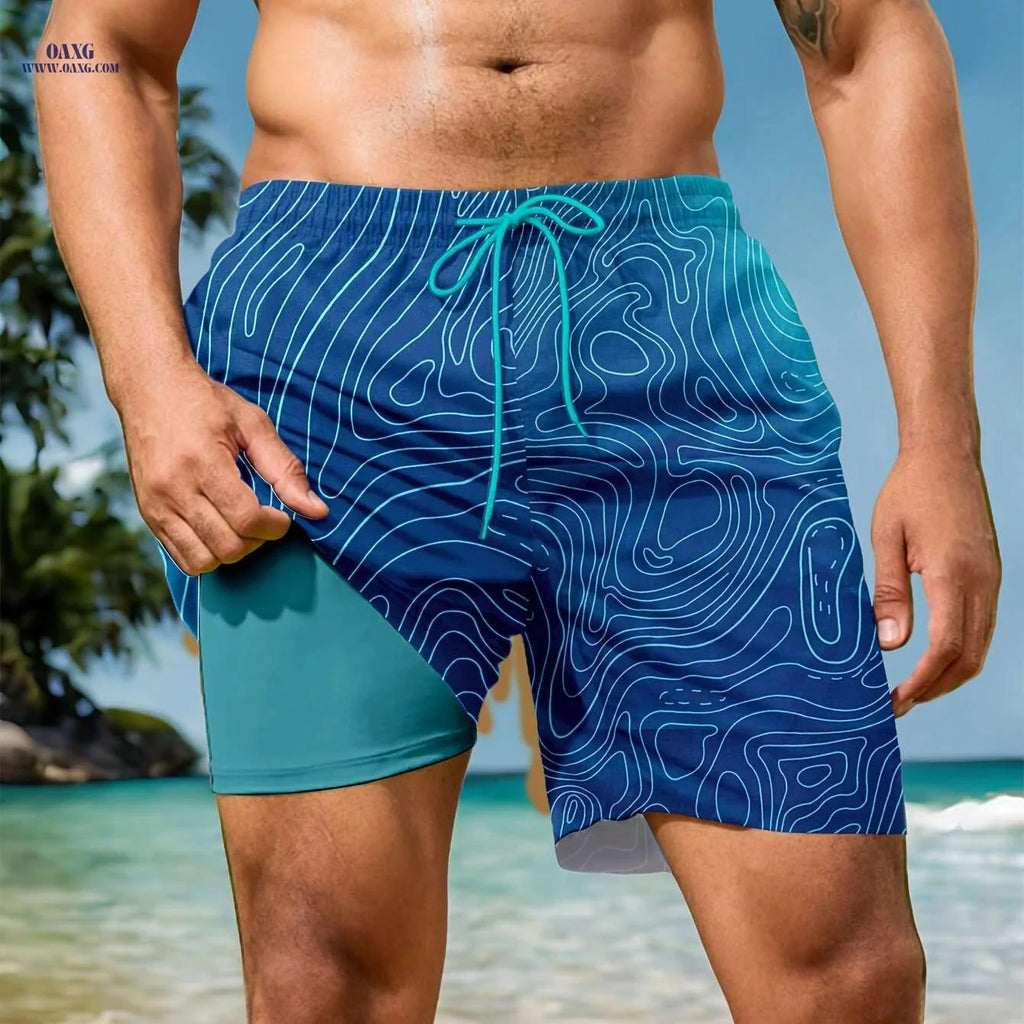 Quick-Dry Men's Swim Trunks - Blue Geometric Print, Casual Style   OAXG Peacock Blue / S