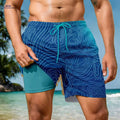 Quick-Dry Men's Swim Trunks - Blue Geometric Print, Casual Style   OAXG Peacock Blue / S
