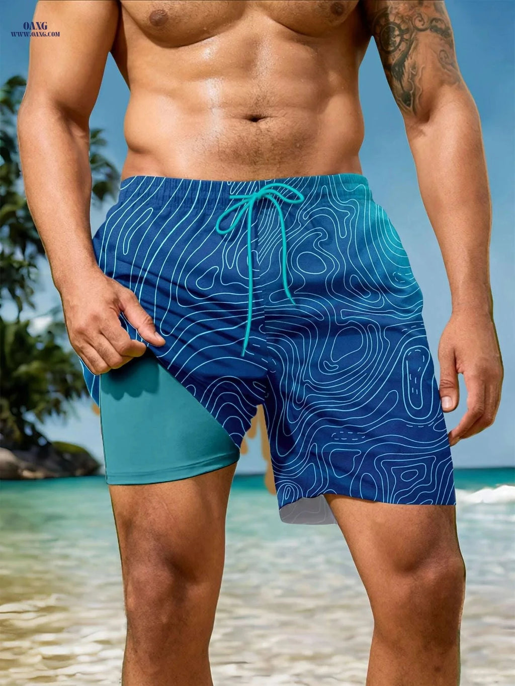 Quick-Dry Men's Swim Trunks - Blue Geometric Print, Casual Style   OAXG 
