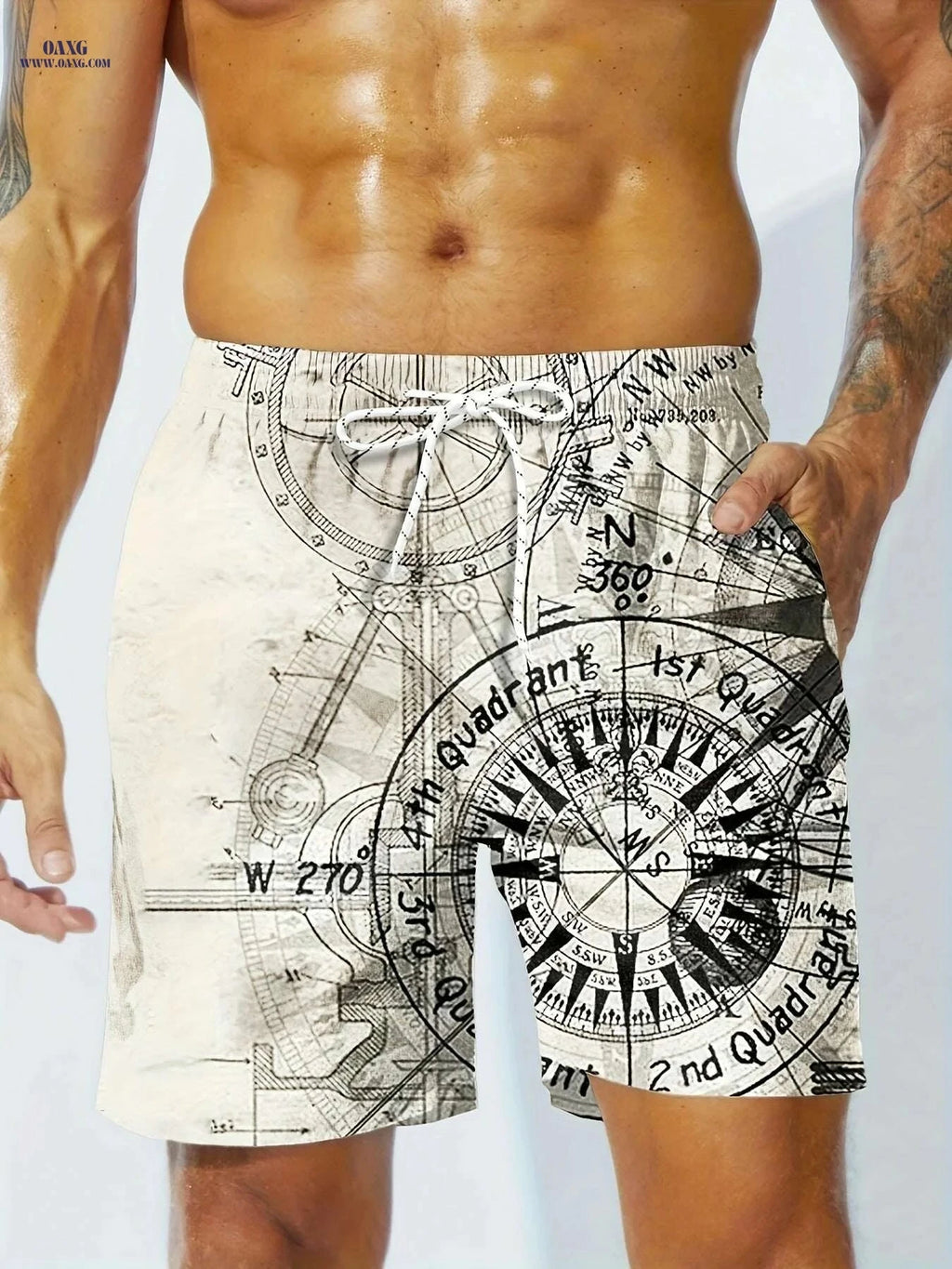 Quick-Dry Men's Swim Trunks - Nautical Compass Print, Woven Beachwear   OAXG Mixed Color / S