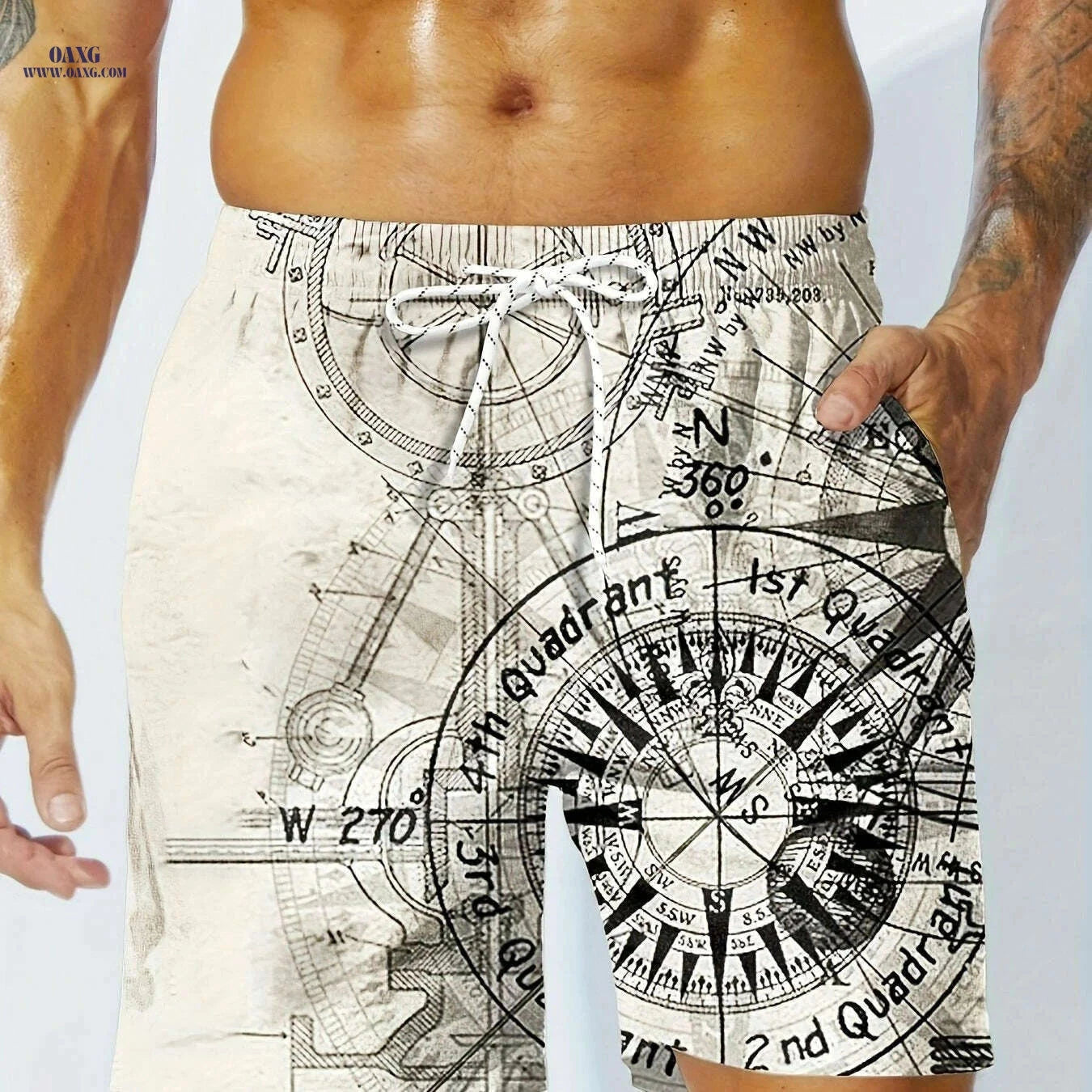 Quick-Dry Men's Swim Trunks - Nautical Compass Print, Woven Beachwear   OAXG Mixed Color / S