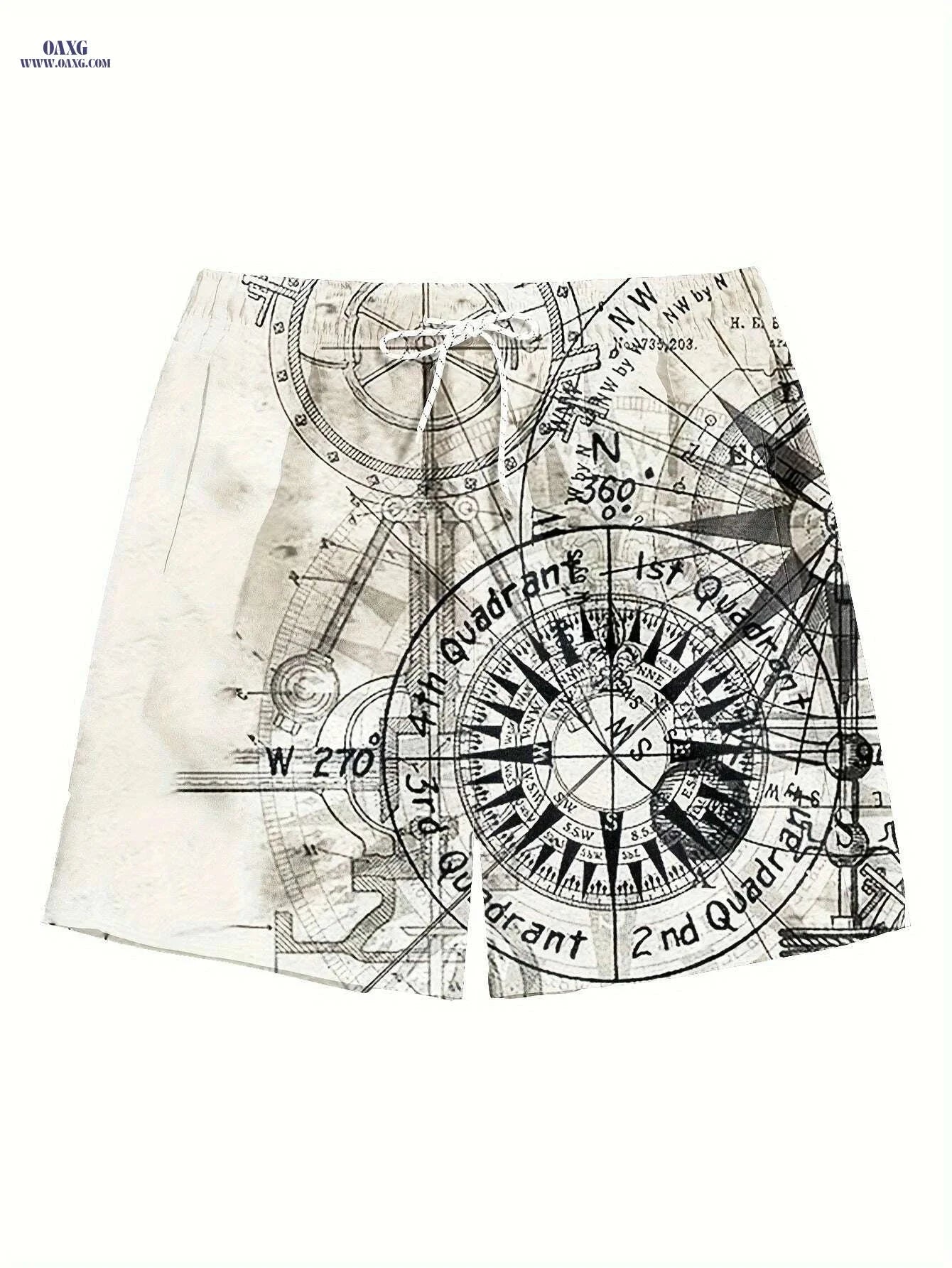 Quick-Dry Men's Swim Trunks - Nautical Compass Print, Woven Beachwear   OAXG Mixed Color / S