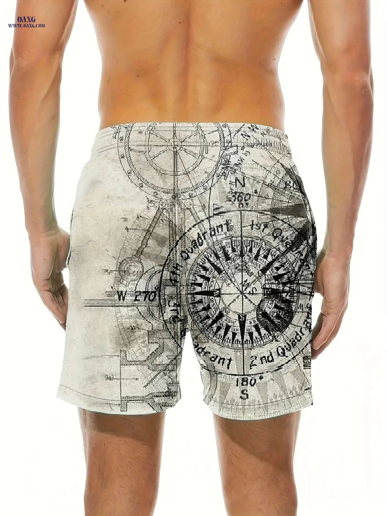 Quick-Dry Men's Swim Trunks - Nautical Compass Print, Woven Beachwear   OAXG Mixed Color / S