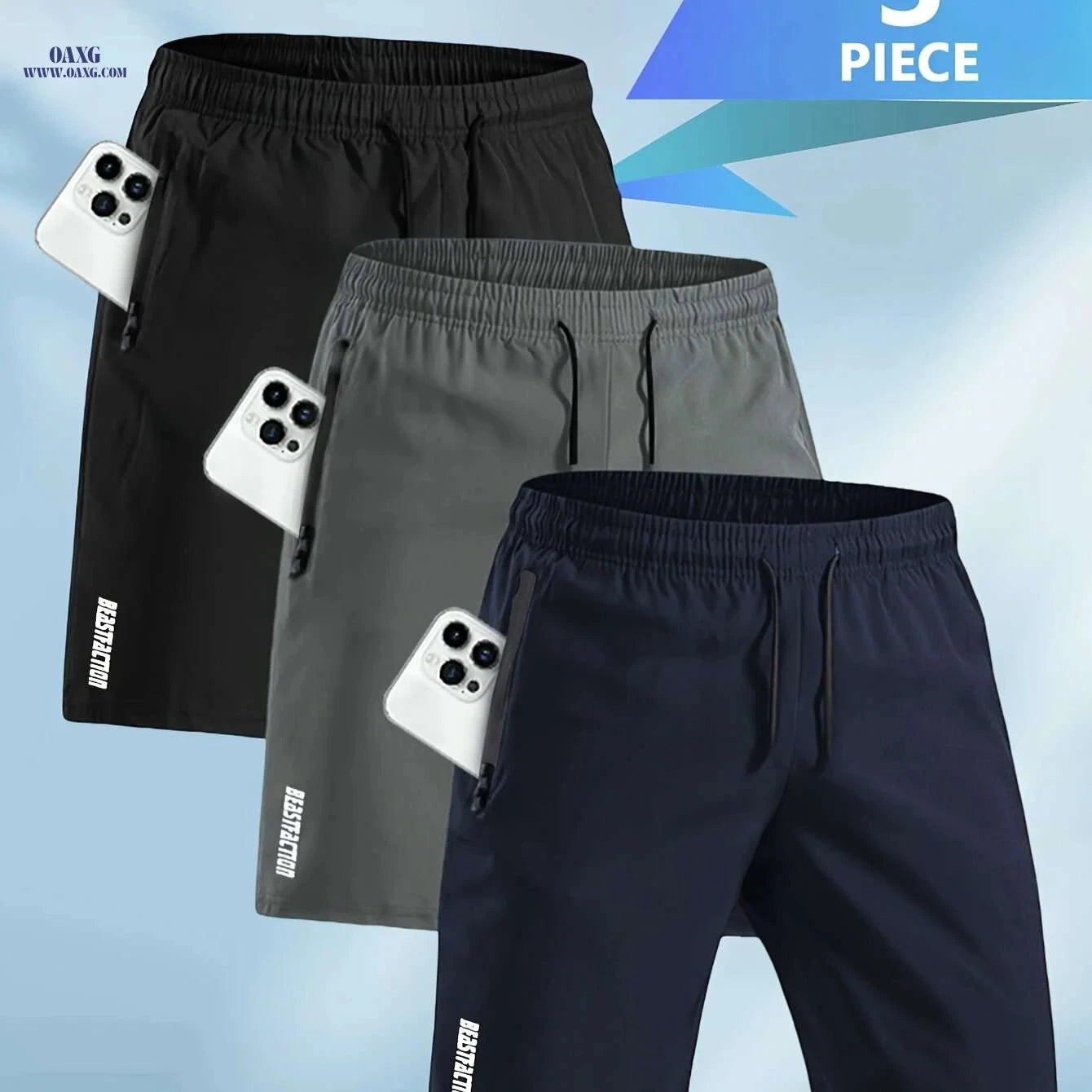 Quick Drying Men's Swim Trunks - Zipper Pocket & Adjustable Waist   OAXG White+grey+navy Blue / S