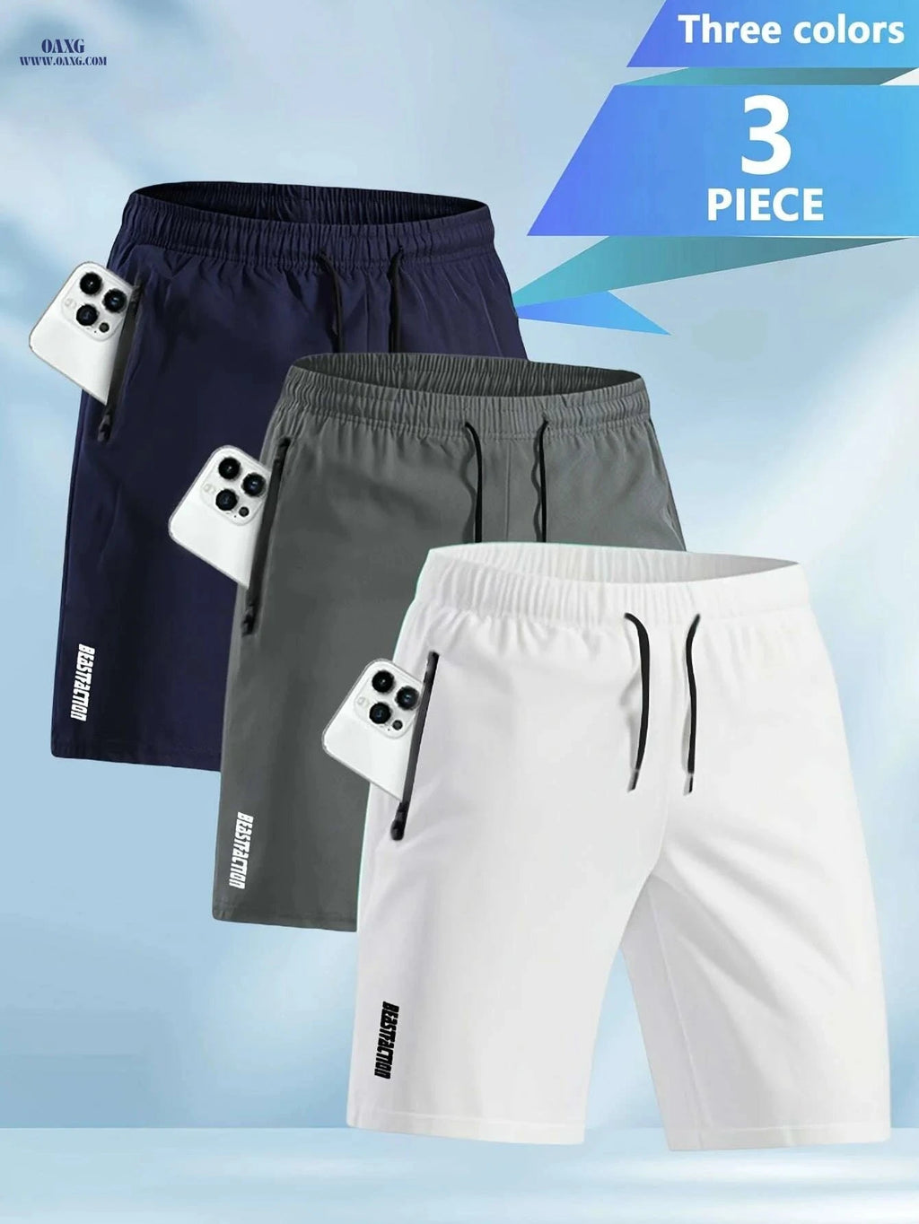 Quick Drying Men's Swim Trunks - Zipper Pocket & Adjustable Waist   OAXG White+grey+navy Blue / S