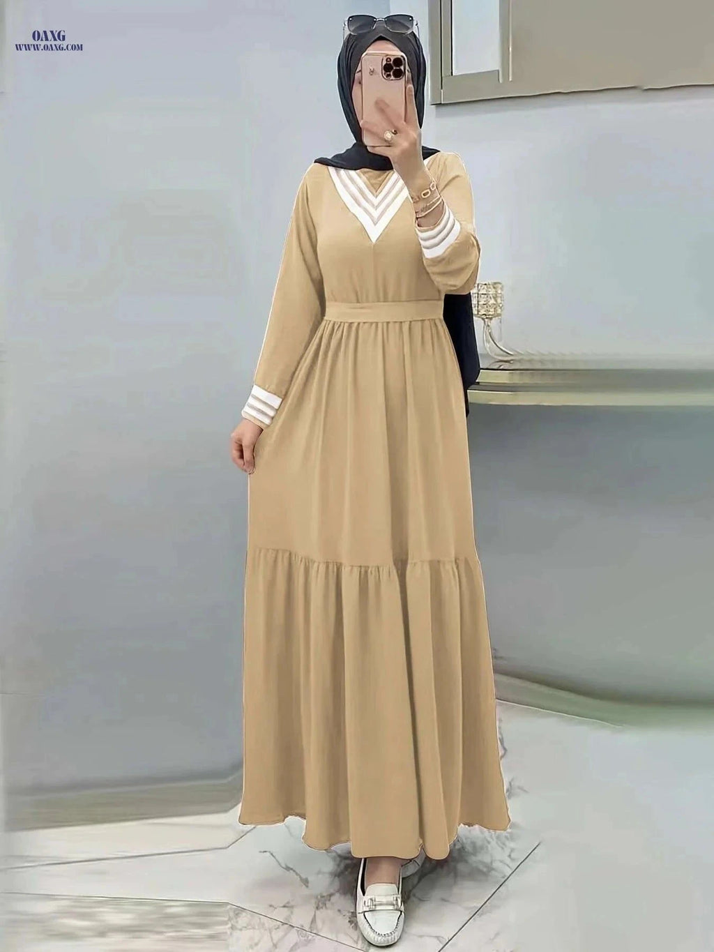 Ramadan Long Sleeve Maxi Dress - Casual Modest Tie Waist Design   OAXG Khaki / S