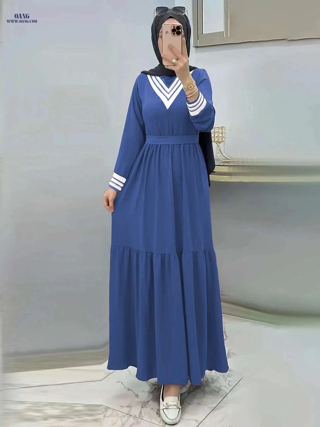 Ramadan Long Sleeve Maxi Dress - Casual Modest Tie Waist Design   OAXG Khaki / S
