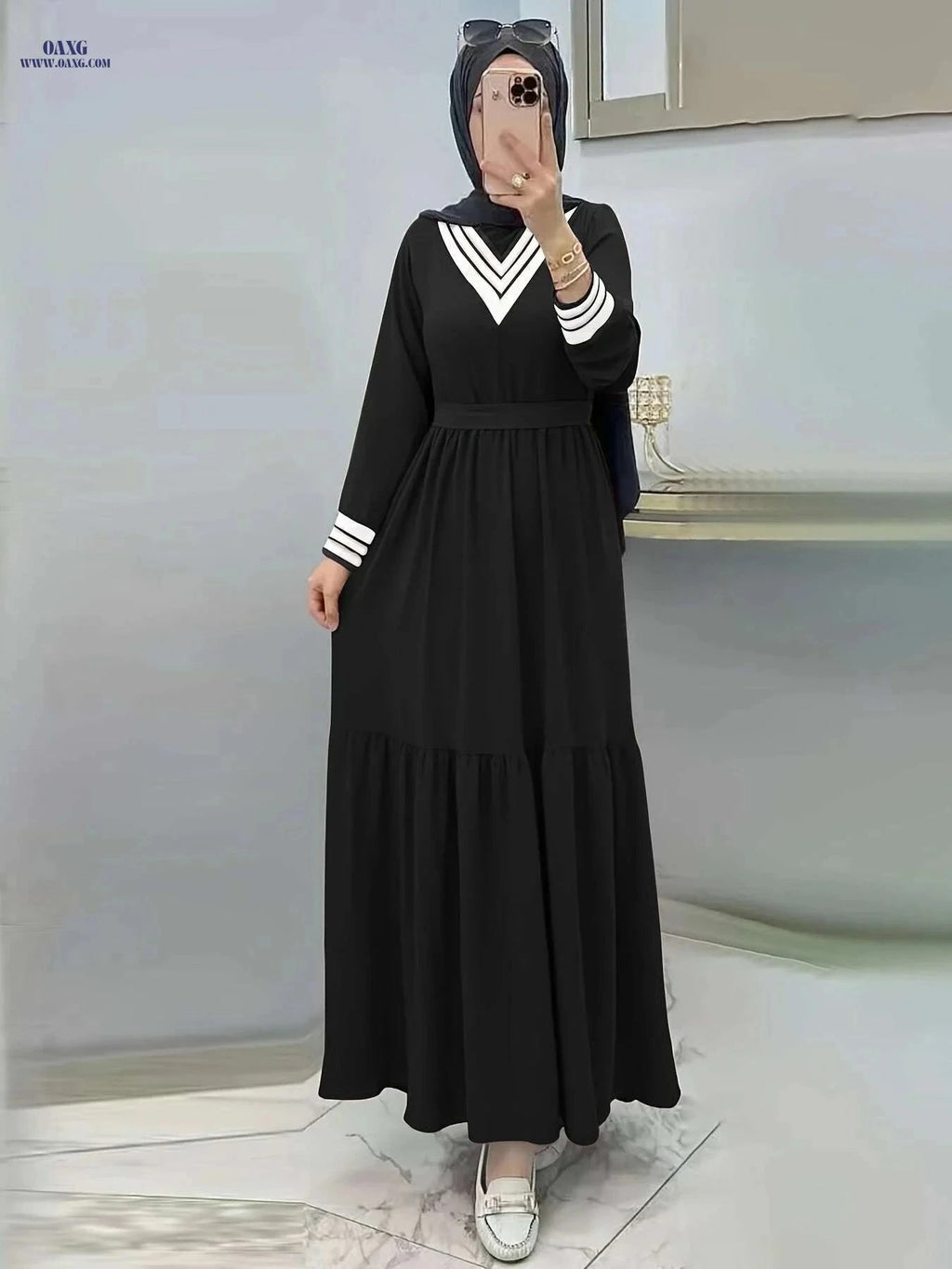 Ramadan Long Sleeve Maxi Dress - Casual Modest Tie Waist Design   OAXG Khaki / S