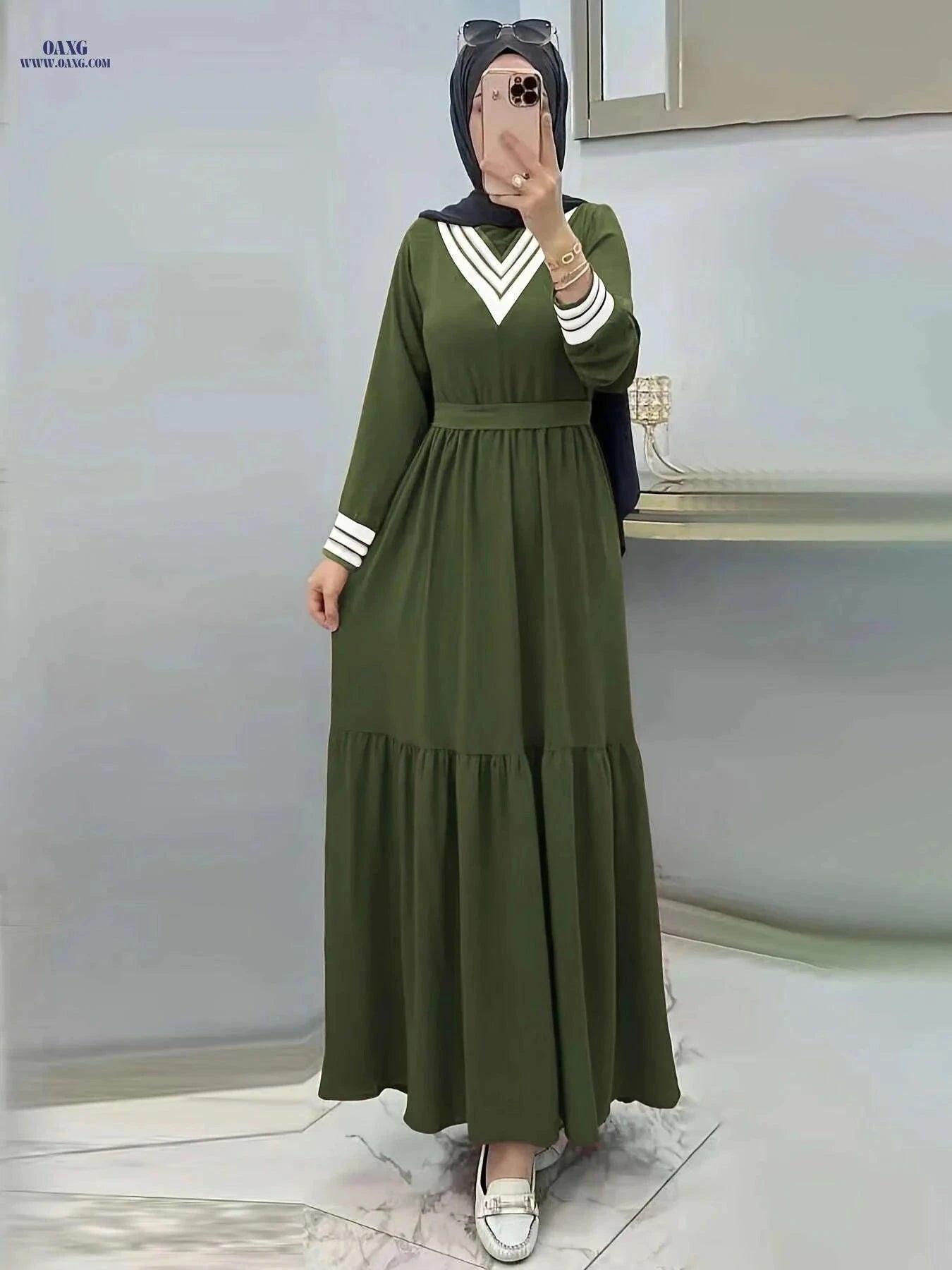 Ramadan Long Sleeve Maxi Dress - Casual Modest Tie Waist Design   OAXG Khaki / S