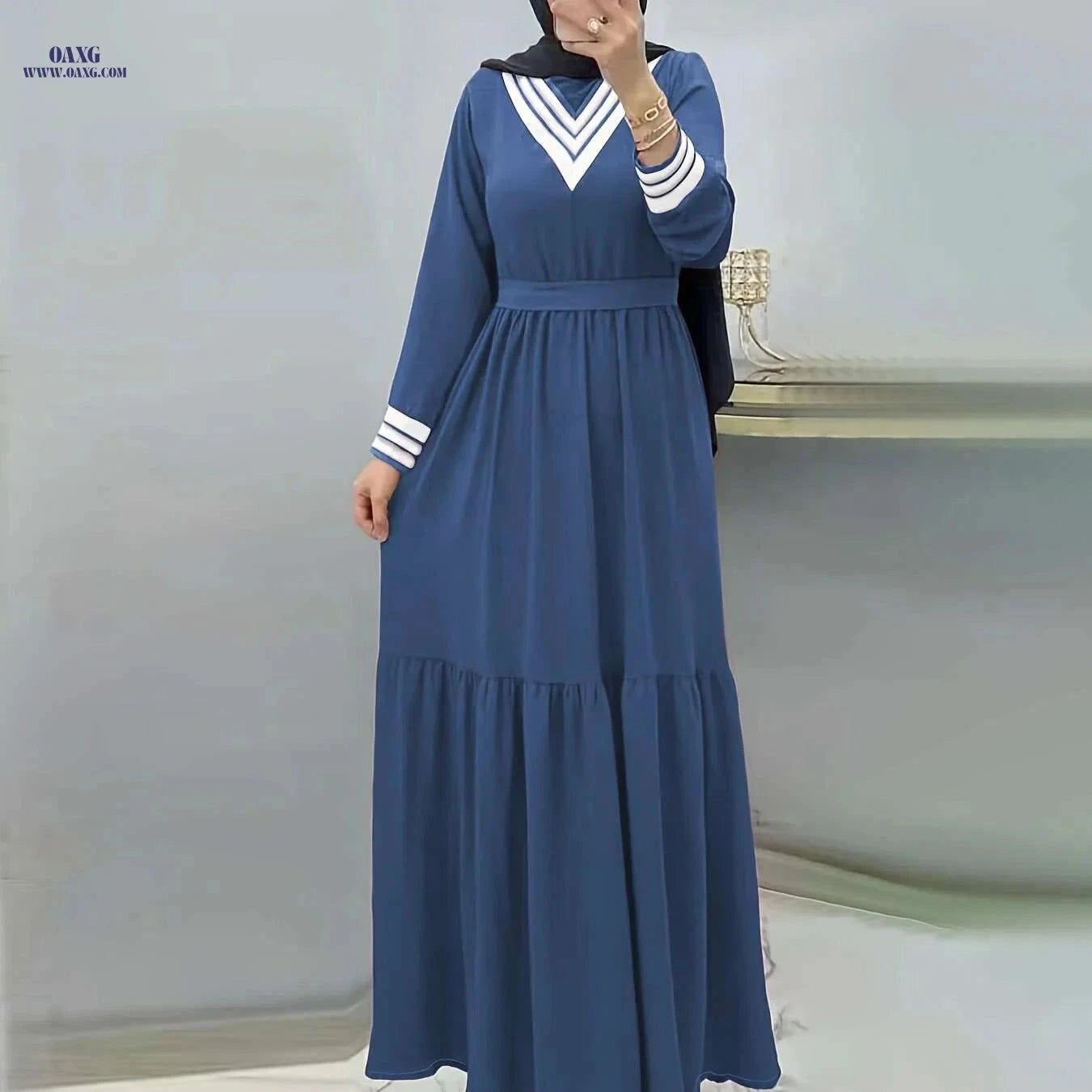 Ramadan Long Sleeve Maxi Dress - Casual Modest Tie Waist Design   OAXG Khaki / S