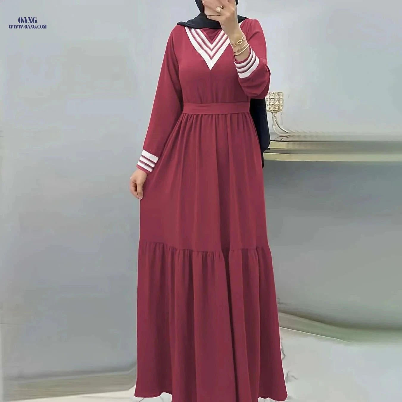 Ramadan Long Sleeve Maxi Dress - Casual Modest Tie Waist Design   OAXG Khaki / S
