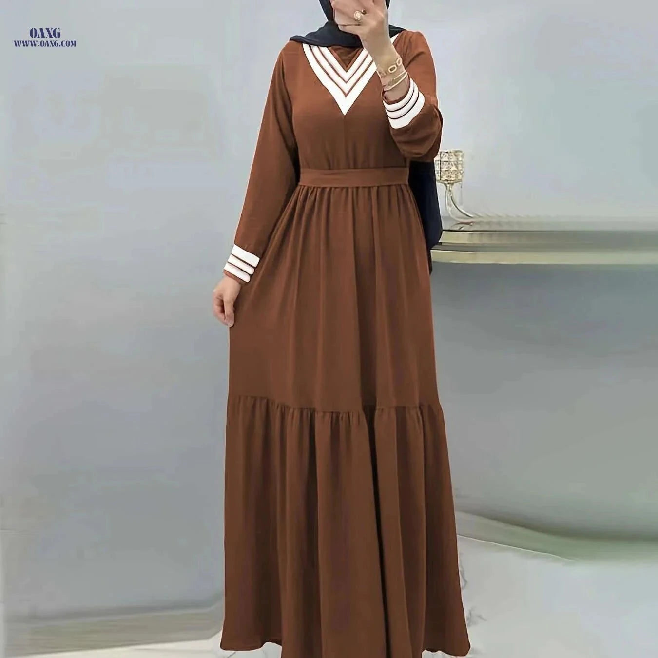 Ramadan Long Sleeve Maxi Dress - Casual Modest Tie Waist Design   OAXG Khaki / S