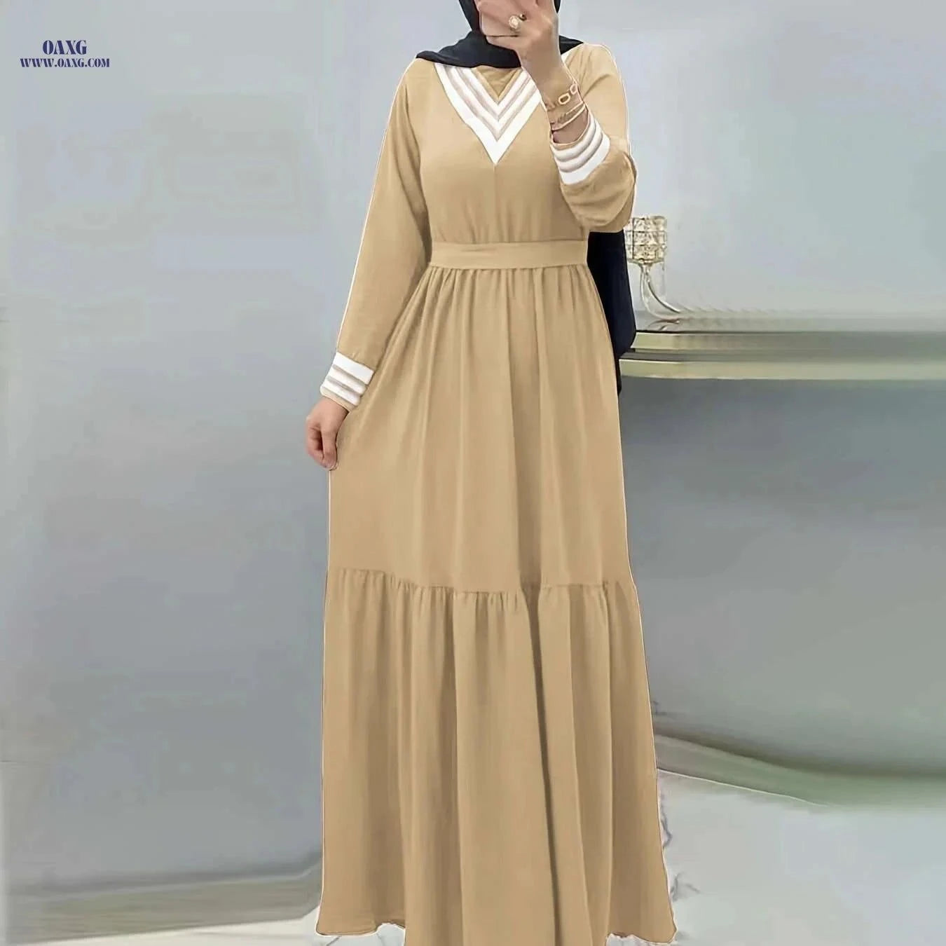 Ramadan Long Sleeve Maxi Dress - Casual Modest Tie Waist Design   OAXG Khaki / S