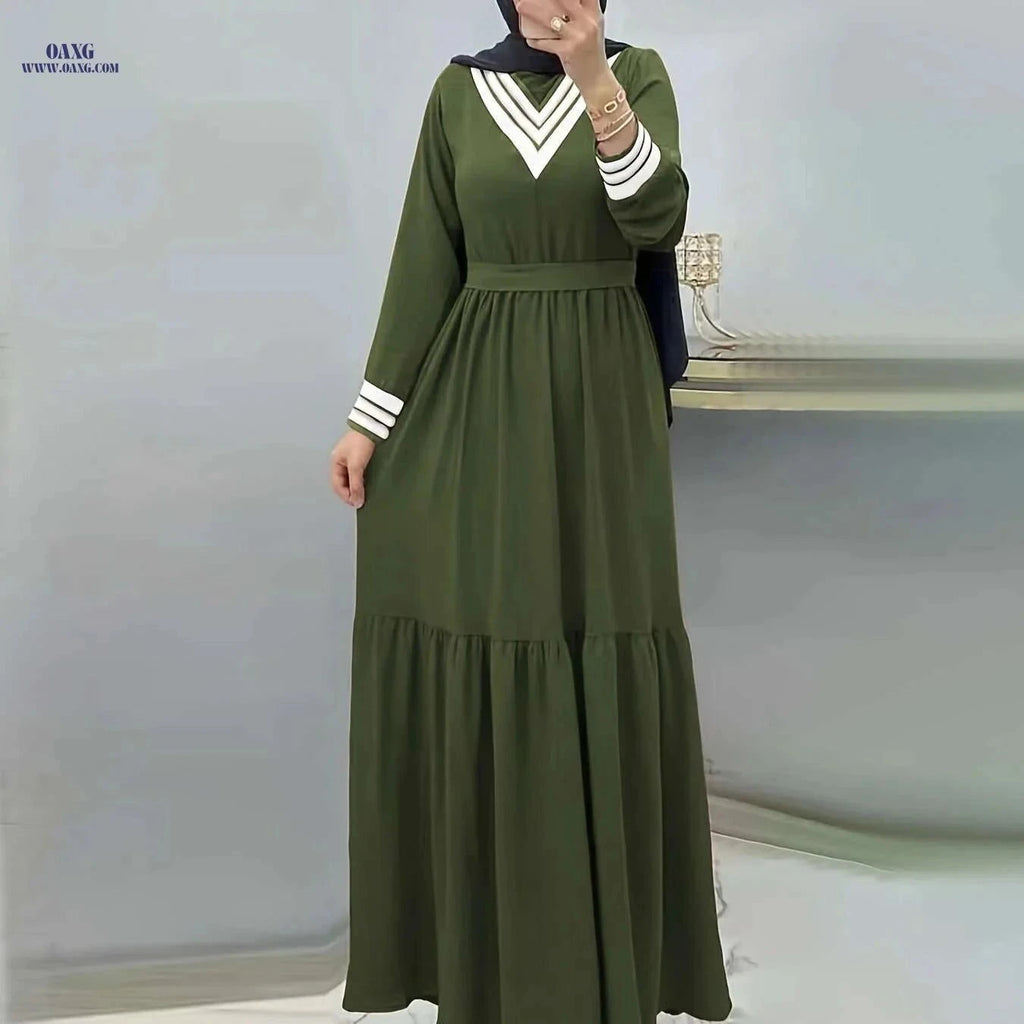Ramadan Long Sleeve Maxi Dress - Casual Modest Tie Waist Design   OAXG Khaki / S