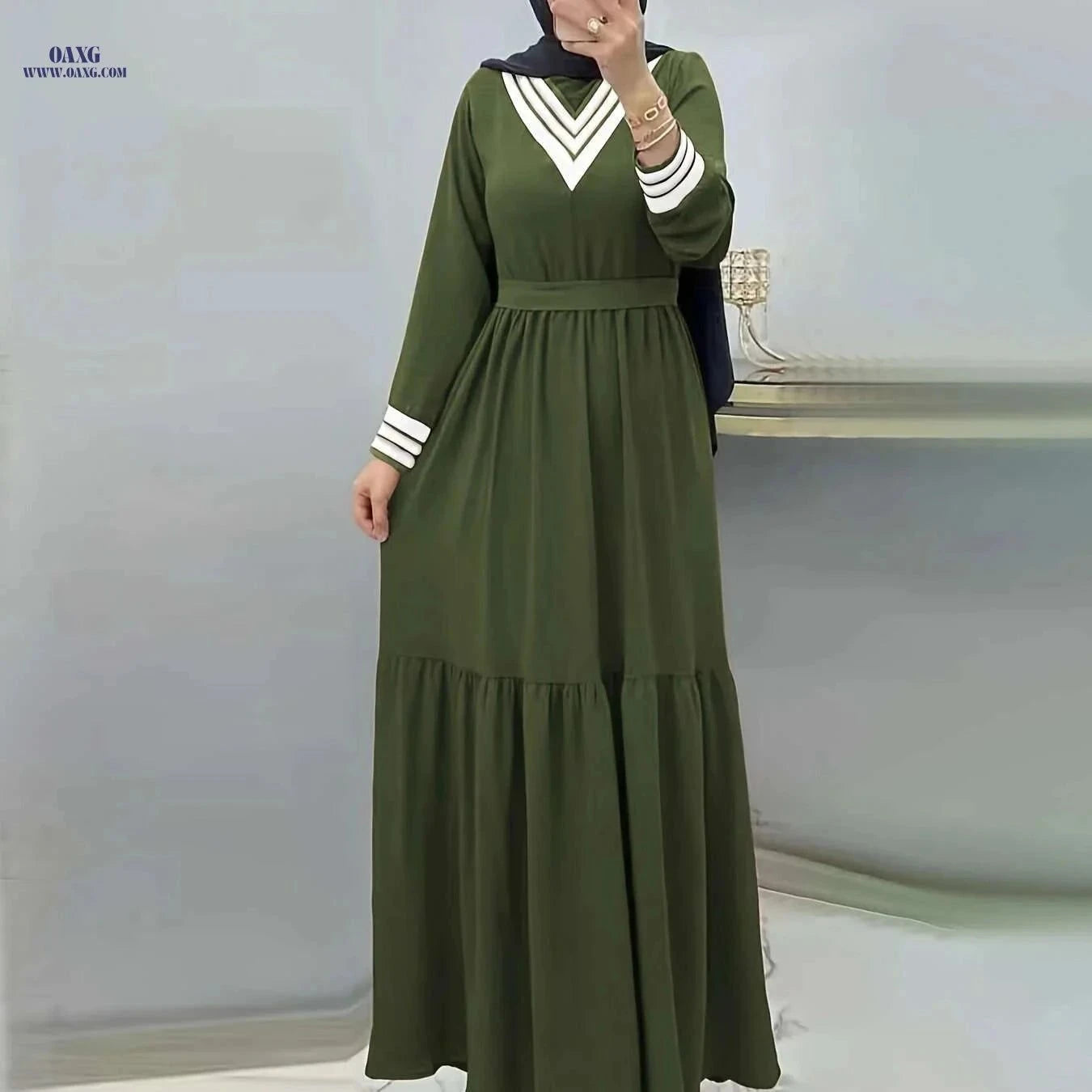 Ramadan Long Sleeve Maxi Dress - Casual Modest Tie Waist Design   OAXG Khaki / S