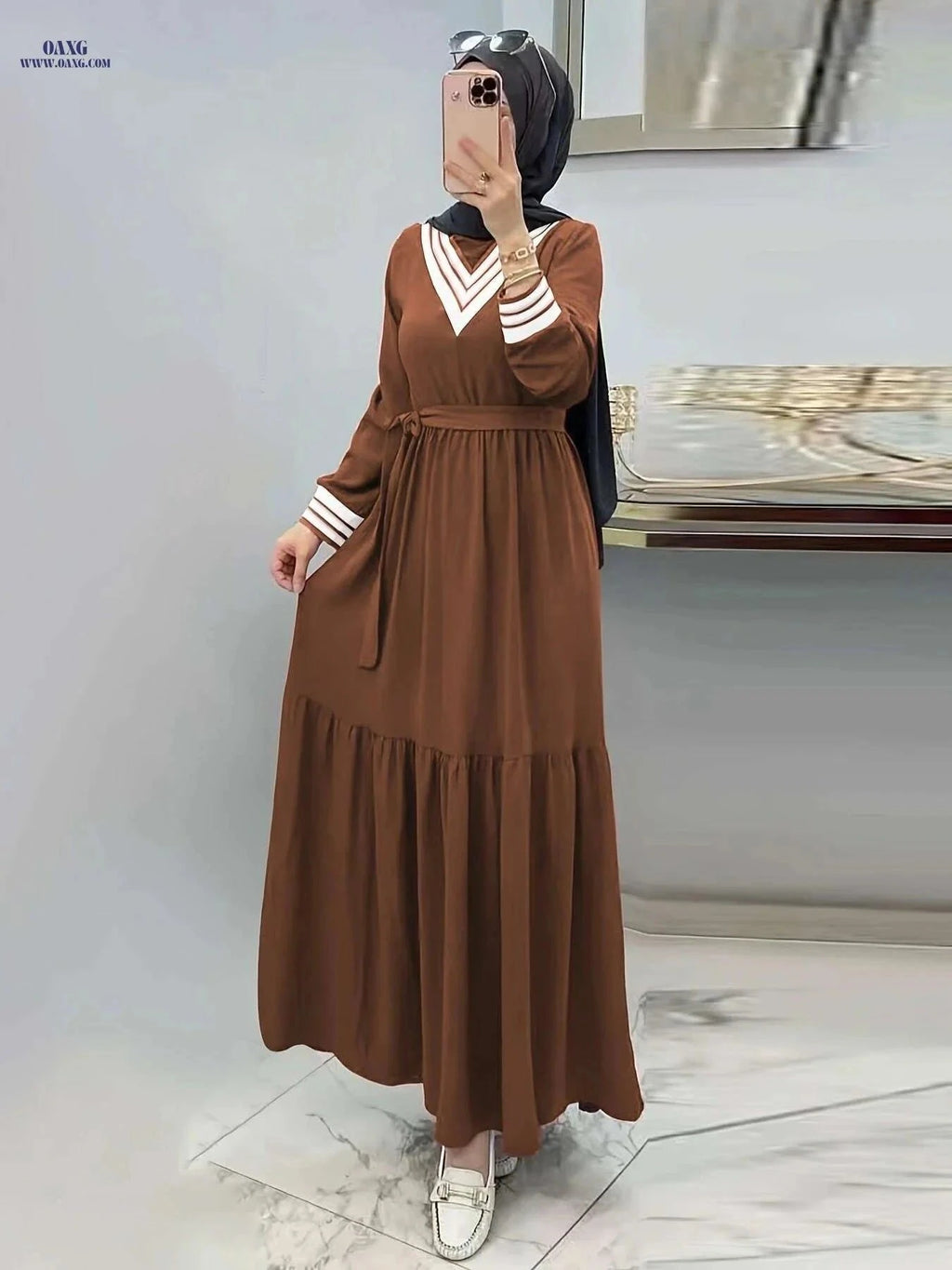 Ramadan Long Sleeve Maxi Dress - Casual Modest Tie Waist Design   OAXG Khaki / S