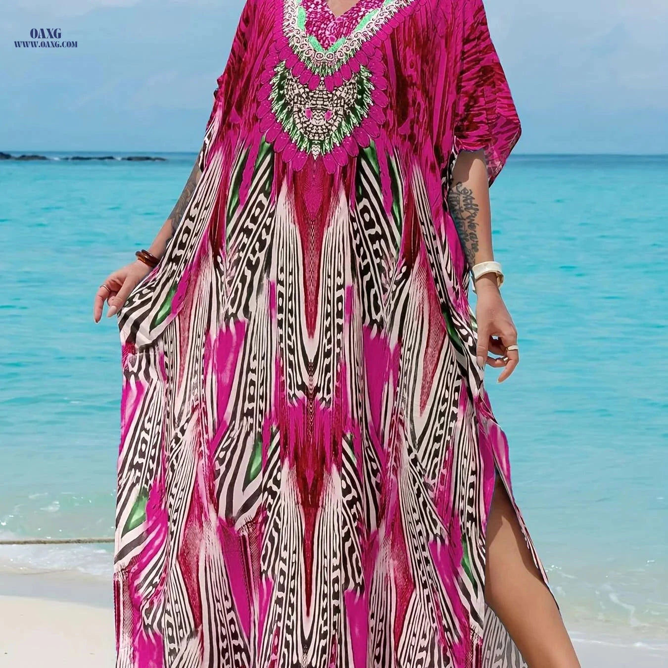 Ramadan Print V-Neck Kaftan Dress - Elegant Split Maxi for Women   OAXG 