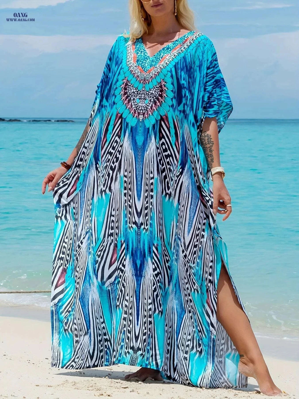 Ramadan Print V-Neck Kaftan Dress - Elegant Split Maxi for Women   OAXG 