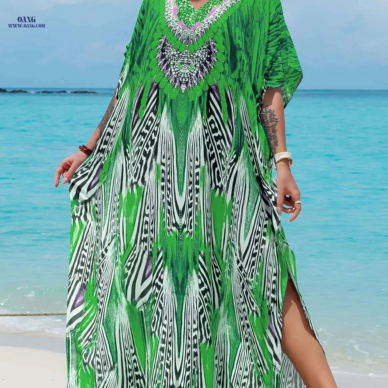 Ramadan Print V-Neck Kaftan Dress - Elegant Split Maxi for Women   OAXG Sky Blue / One-size
