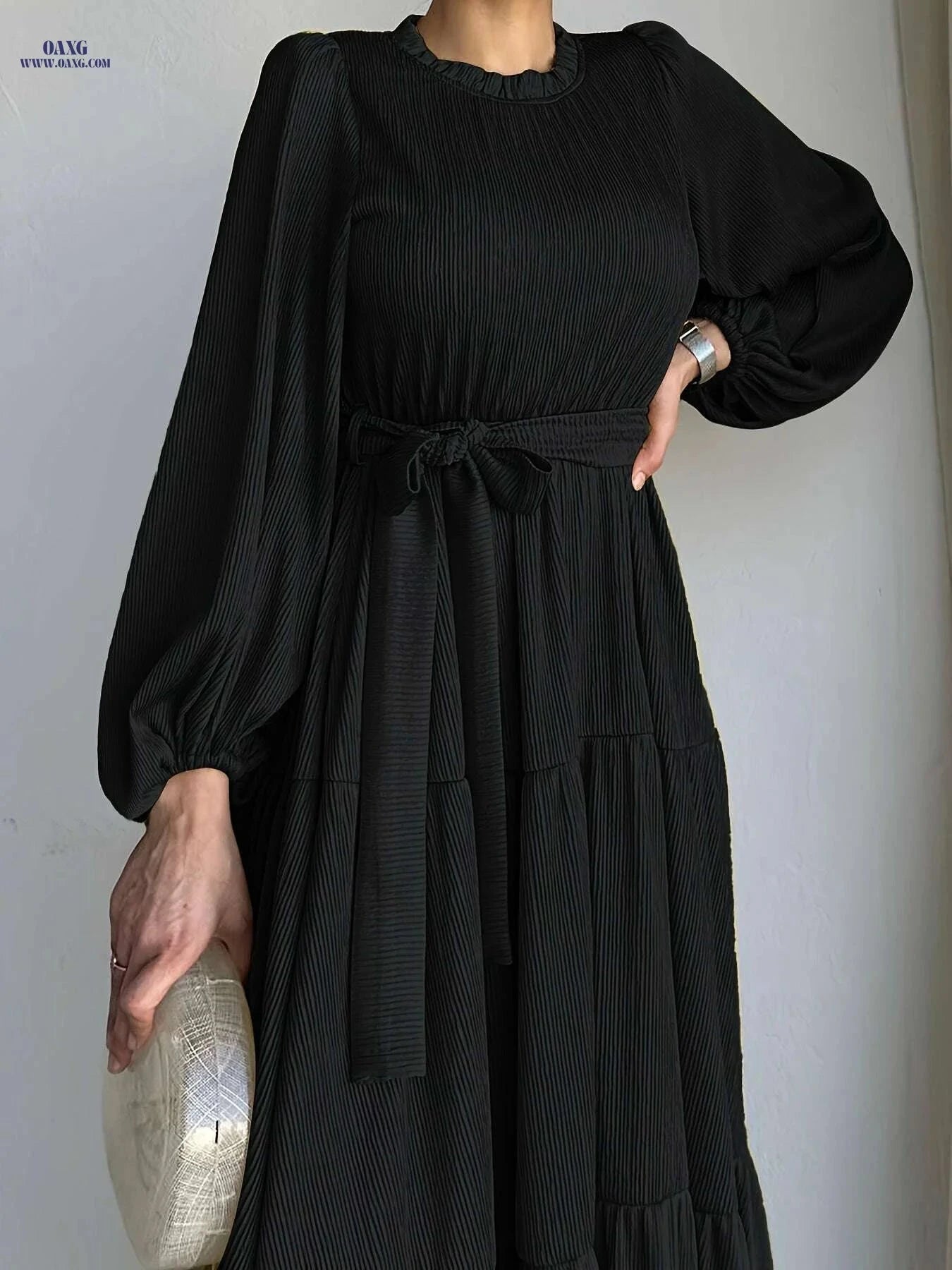Ramadan Solid Crew Neck Kaftan Dress - Casual Lantern Sleeve Design   OAXG 