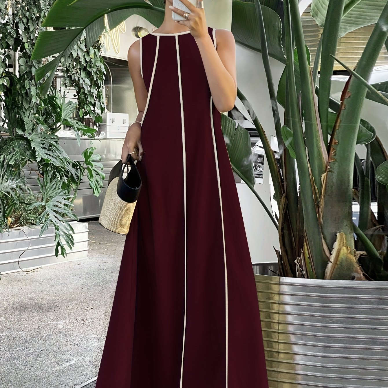 Ramadan Women's Loose Patchwork Contrast Trim Long Dress - Elegant Style   OAXG 