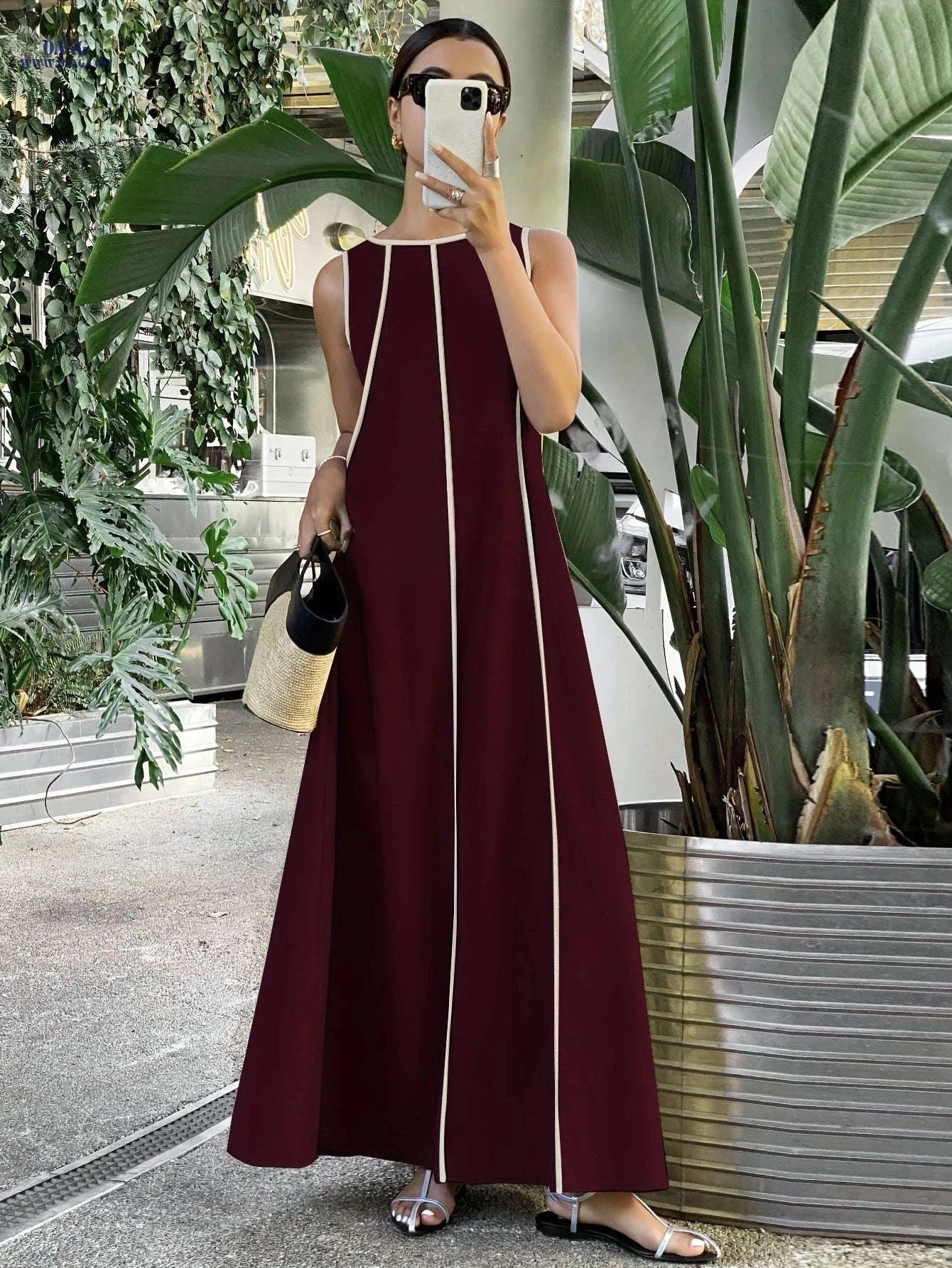 Ramadan Women's Loose Patchwork Contrast Trim Long Dress - Elegant Style   OAXG 
