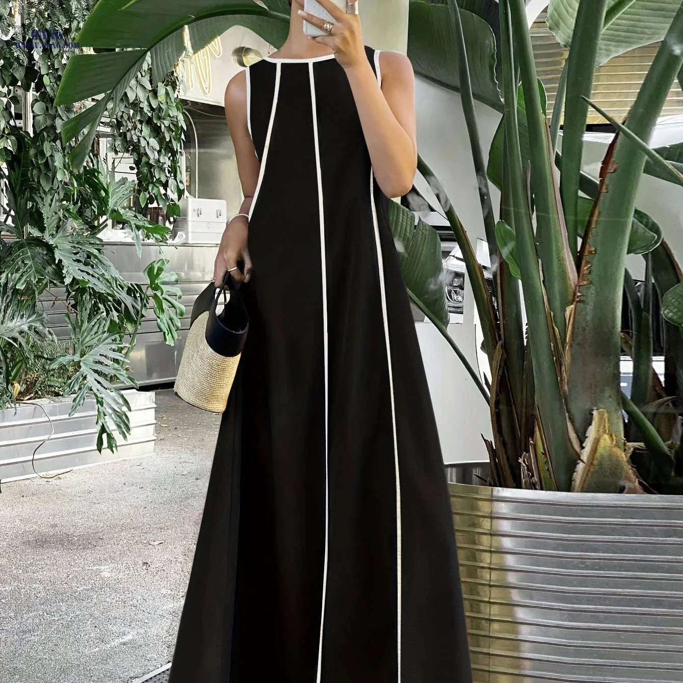 Ramadan Women's Loose Patchwork Contrast Trim Long Dress - Elegant Style   OAXG 