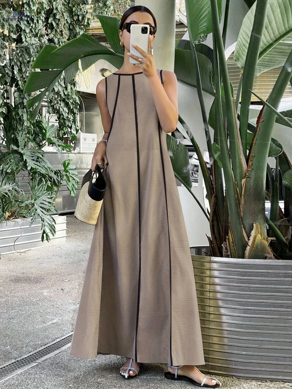 Ramadan Women's Loose Patchwork Contrast Trim Long Dress - Elegant Style   OAXG 