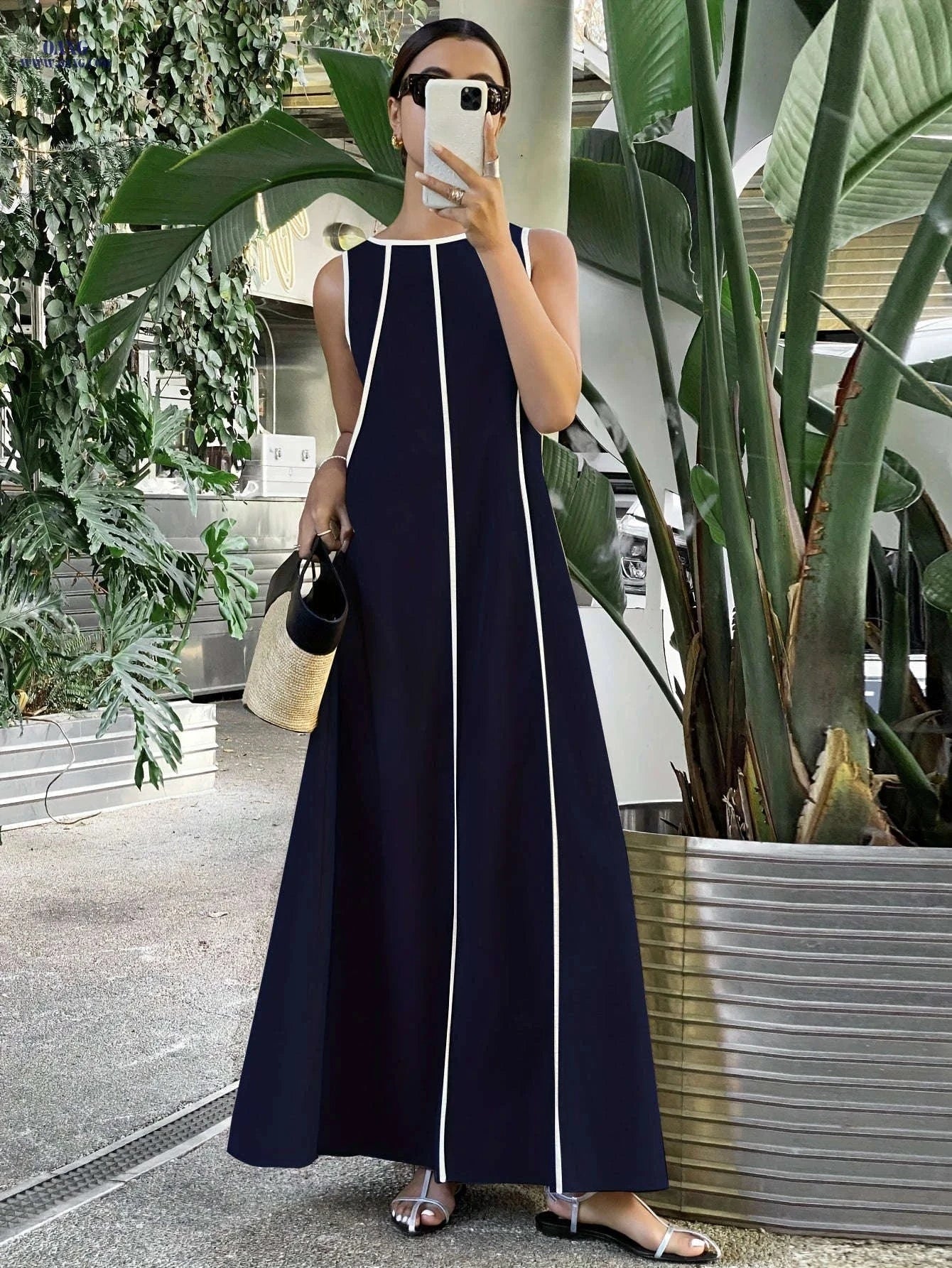 Ramadan Women's Loose Patchwork Contrast Trim Long Dress - Elegant Style   OAXG 