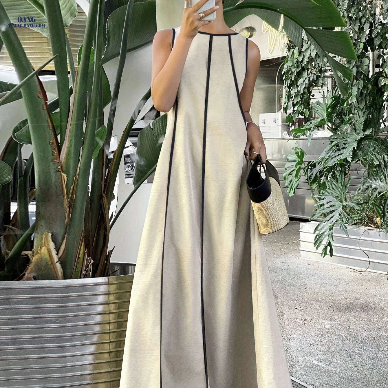 Ramadan Women's Loose Patchwork Contrast Trim Long Dress - Elegant Style   OAXG 