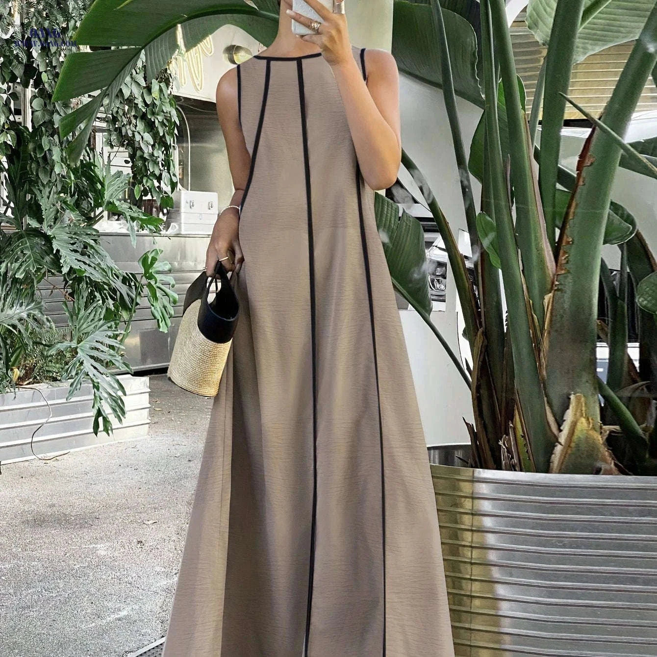 Ramadan Women's Loose Patchwork Contrast Trim Long Dress - Elegant Style   OAXG 