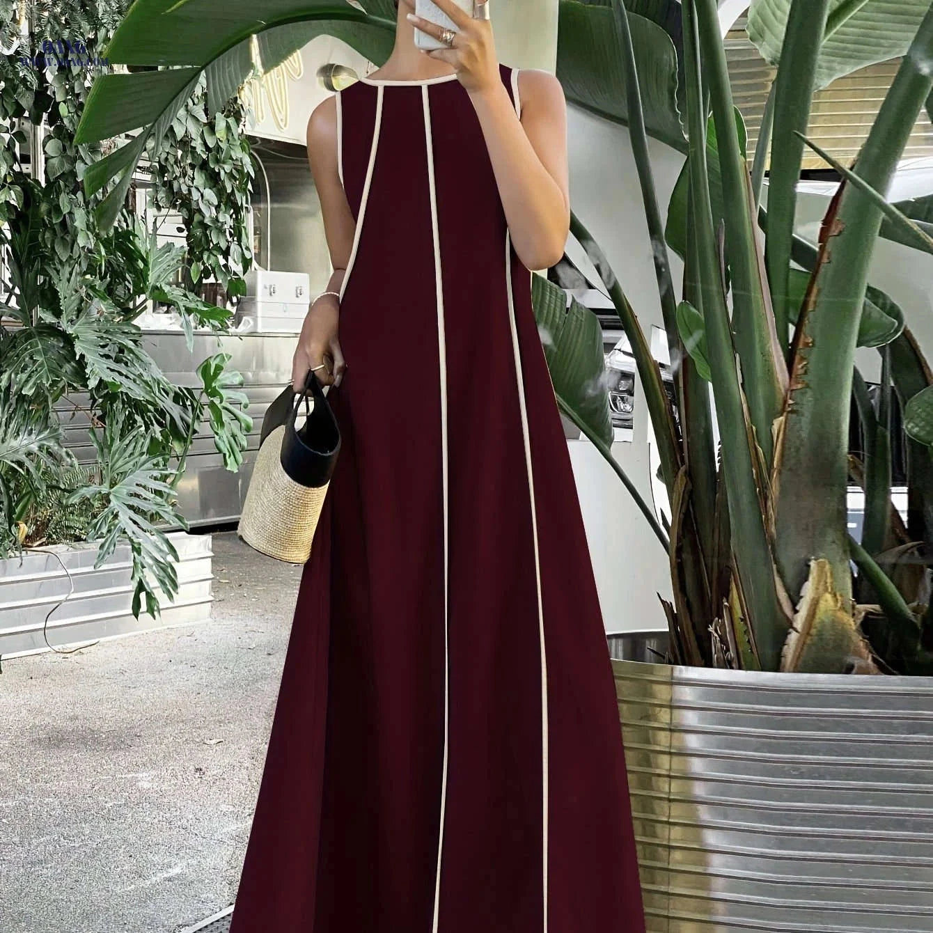 Ramadan Women's Loose Patchwork Contrast Trim Long Dress - Elegant Style   OAXG 