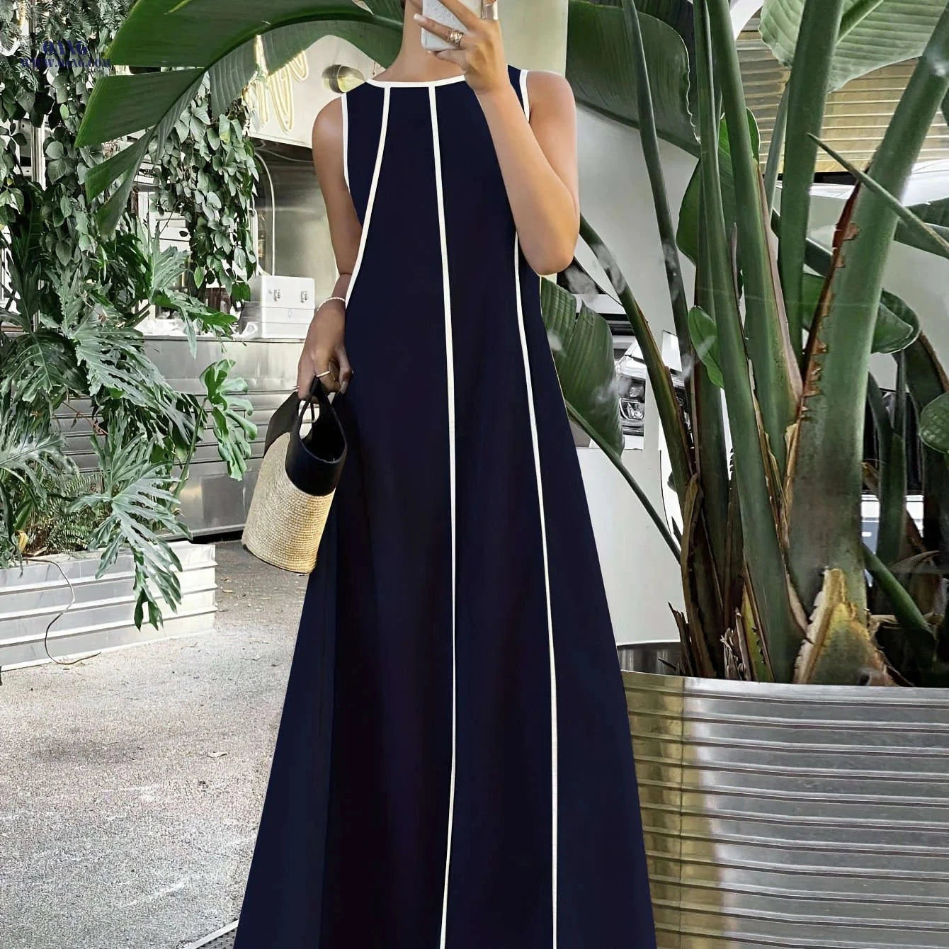 Ramadan Women's Loose Patchwork Contrast Trim Long Dress - Elegant Style   OAXG 