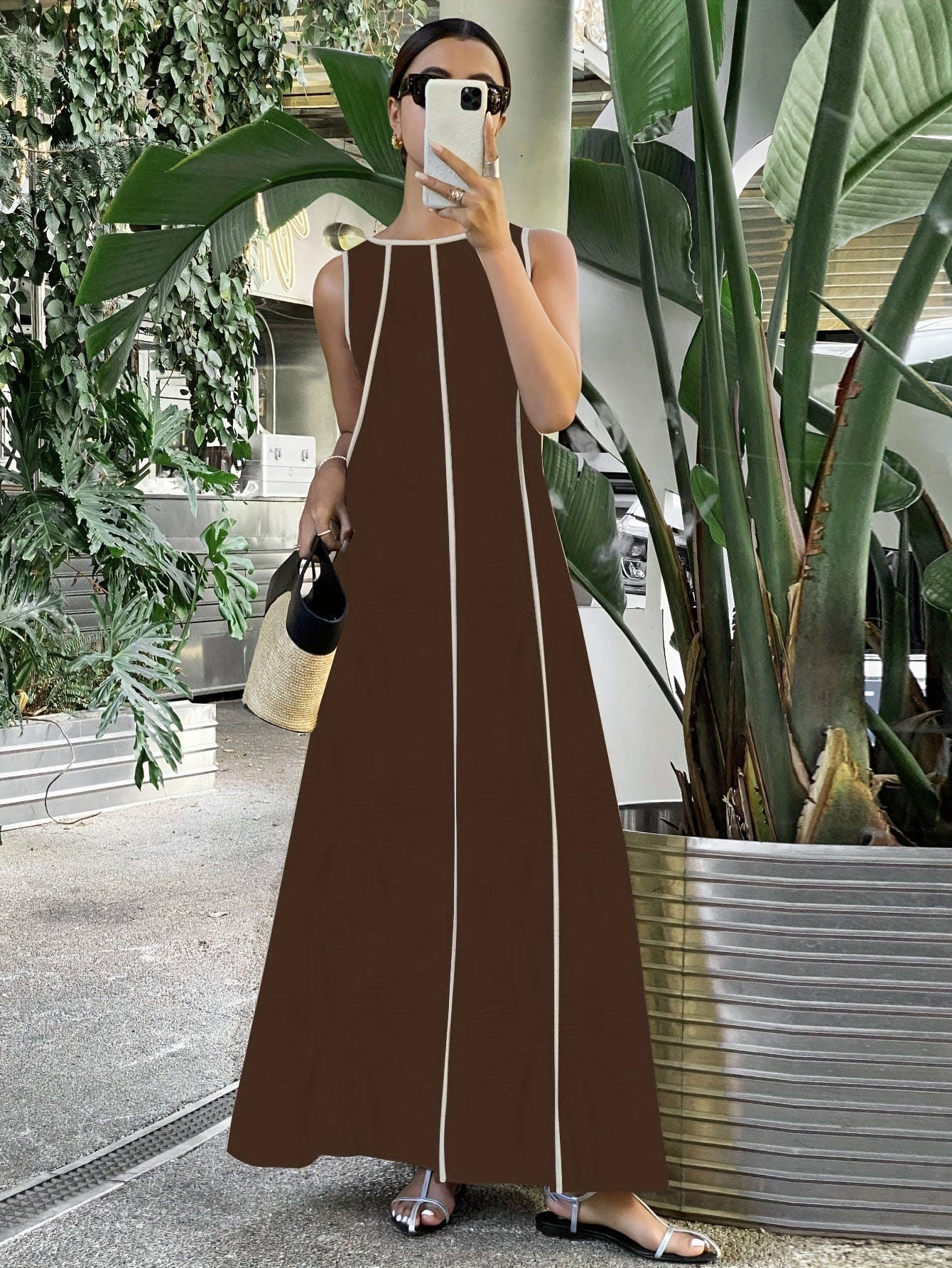 Ramadan Women's Loose Patchwork Contrast Trim Long Dress - Elegant Style   OAXG 