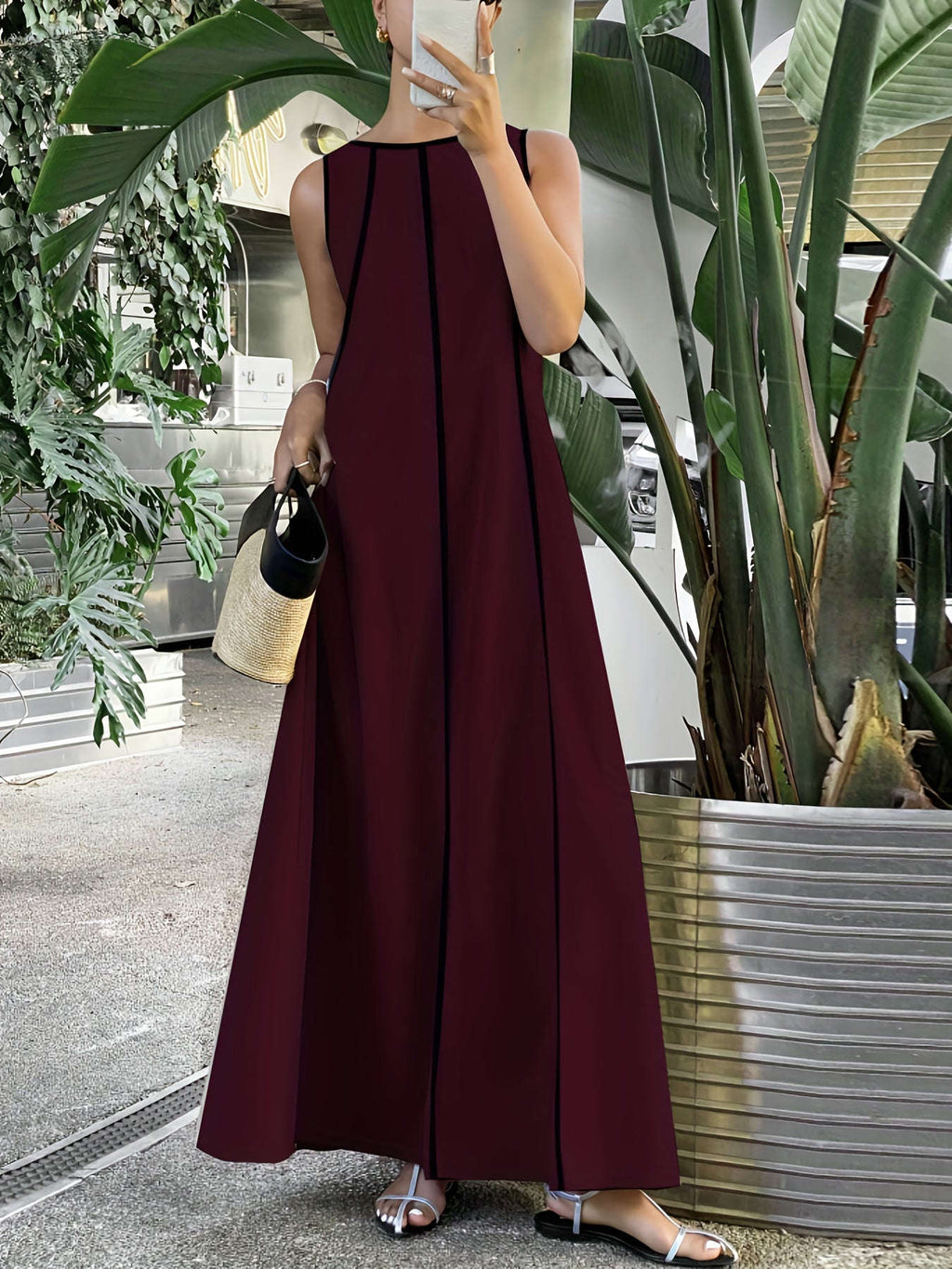 Ramadan Women's Loose Patchwork Contrast Trim Long Dress - Elegant Style   OAXG 