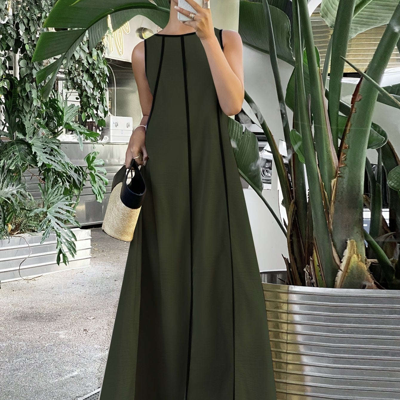 Ramadan Women's Loose Patchwork Contrast Trim Long Dress - Elegant Style   OAXG 