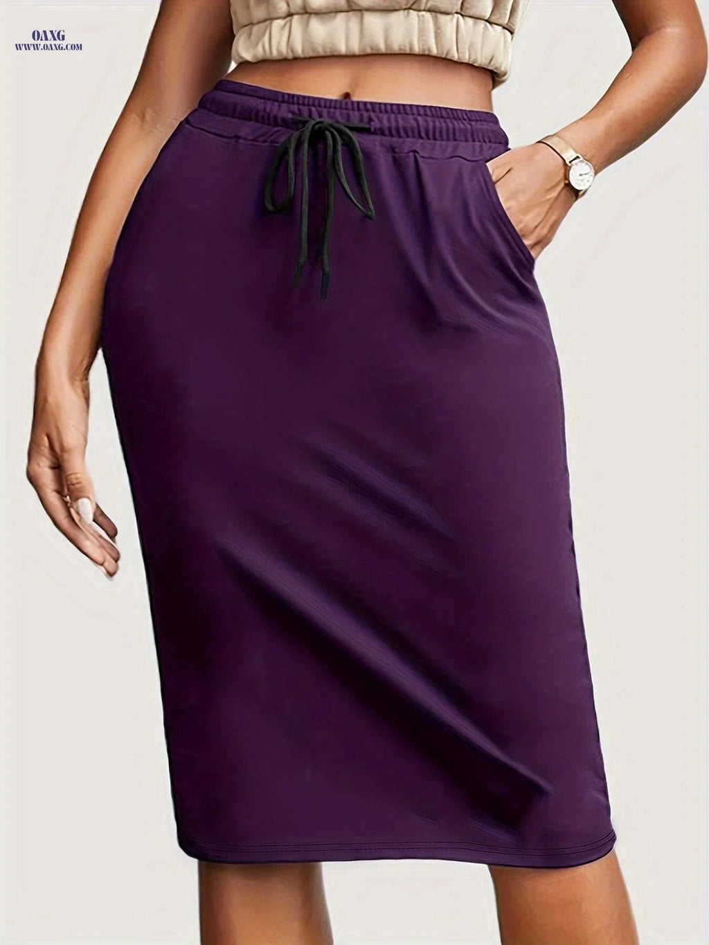 RANLEGE Casual Knee Length Skirt - Drawstring Waist with Pocket   OAXG 