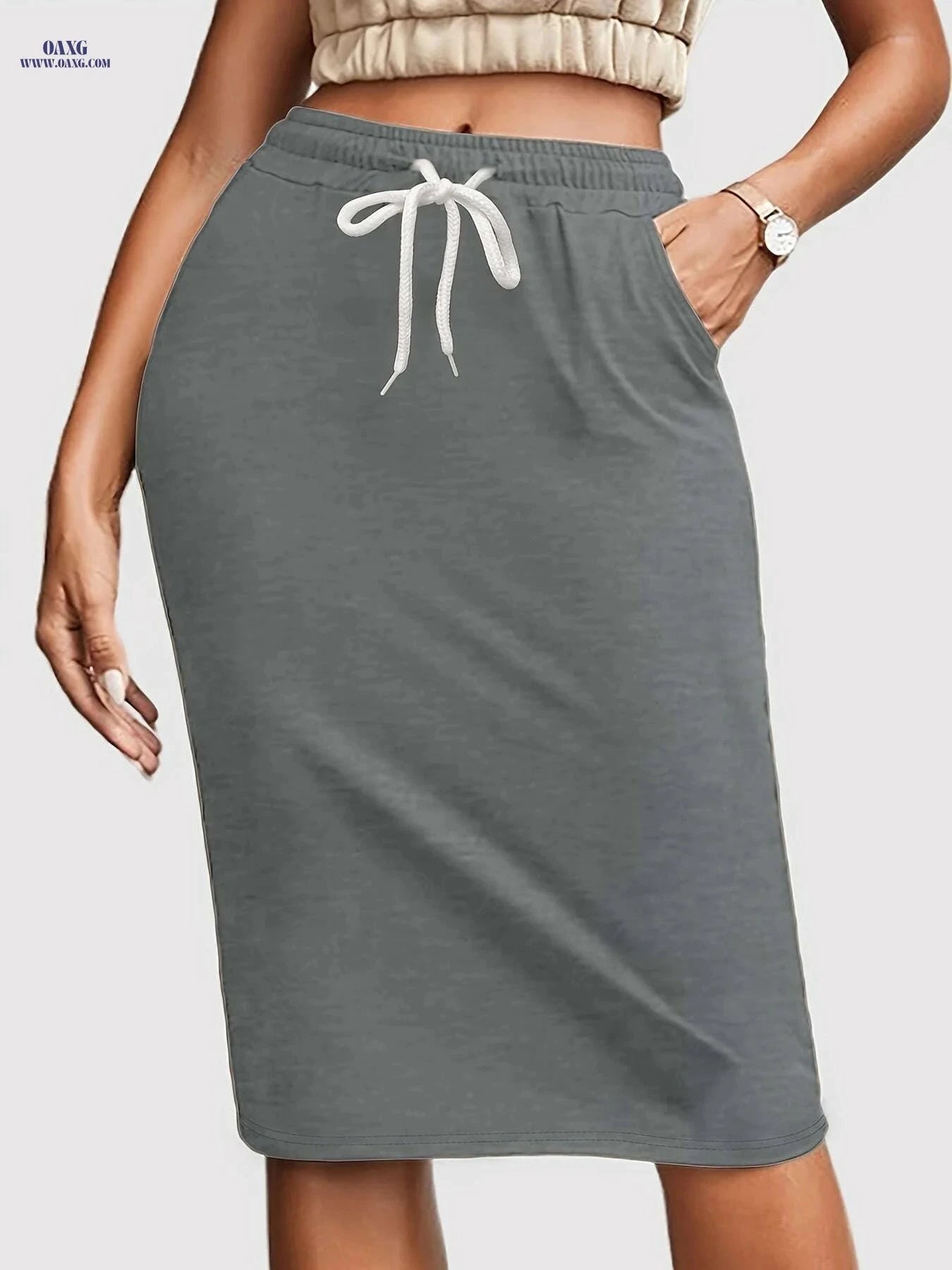 RANLEGE Casual Knee Length Skirt - Drawstring Waist with Pocket   OAXG Black / S